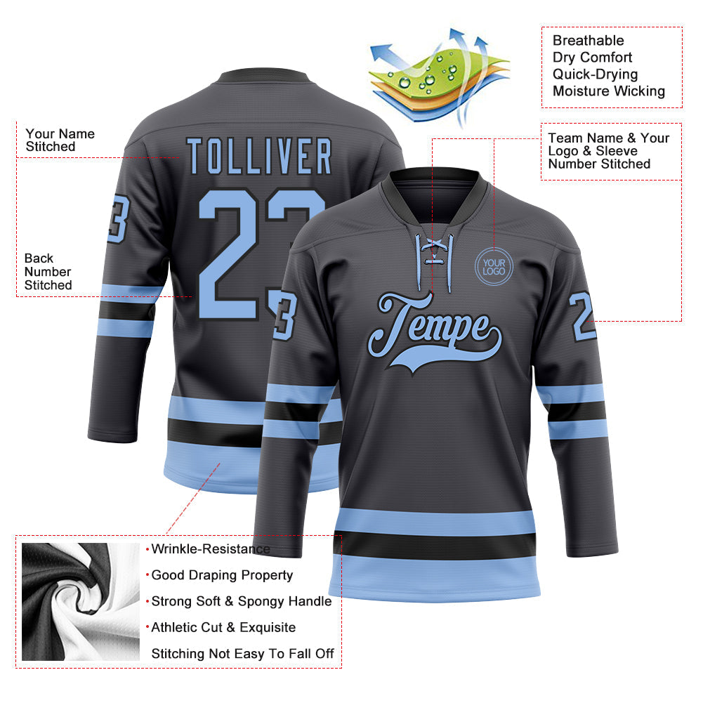 Custom Steel Gray Light Blue-Black Hockey Lace Neck Jersey view 3