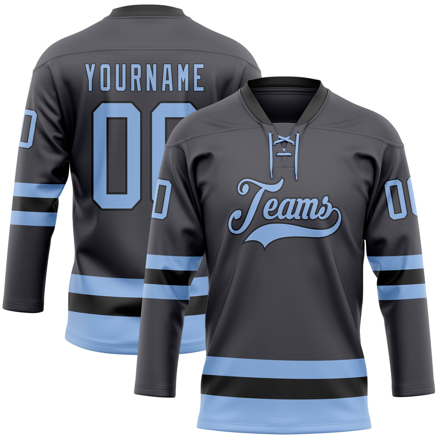 Custom Steel Gray Light Blue-Black Hockey Lace Neck Jersey - Main View