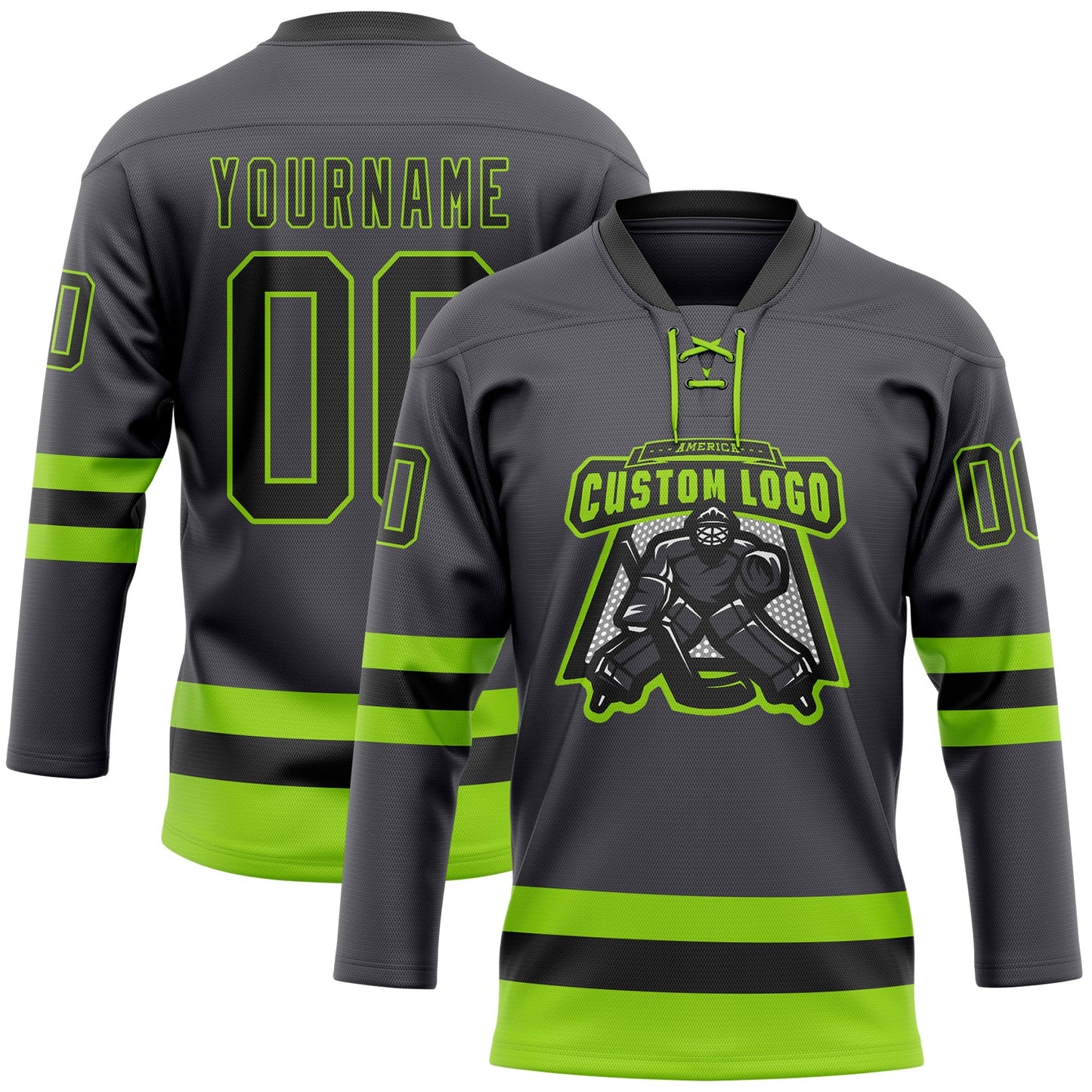 Custom Steel Gray Black-Neon Green Hockey Lace Neck Jersey view 2