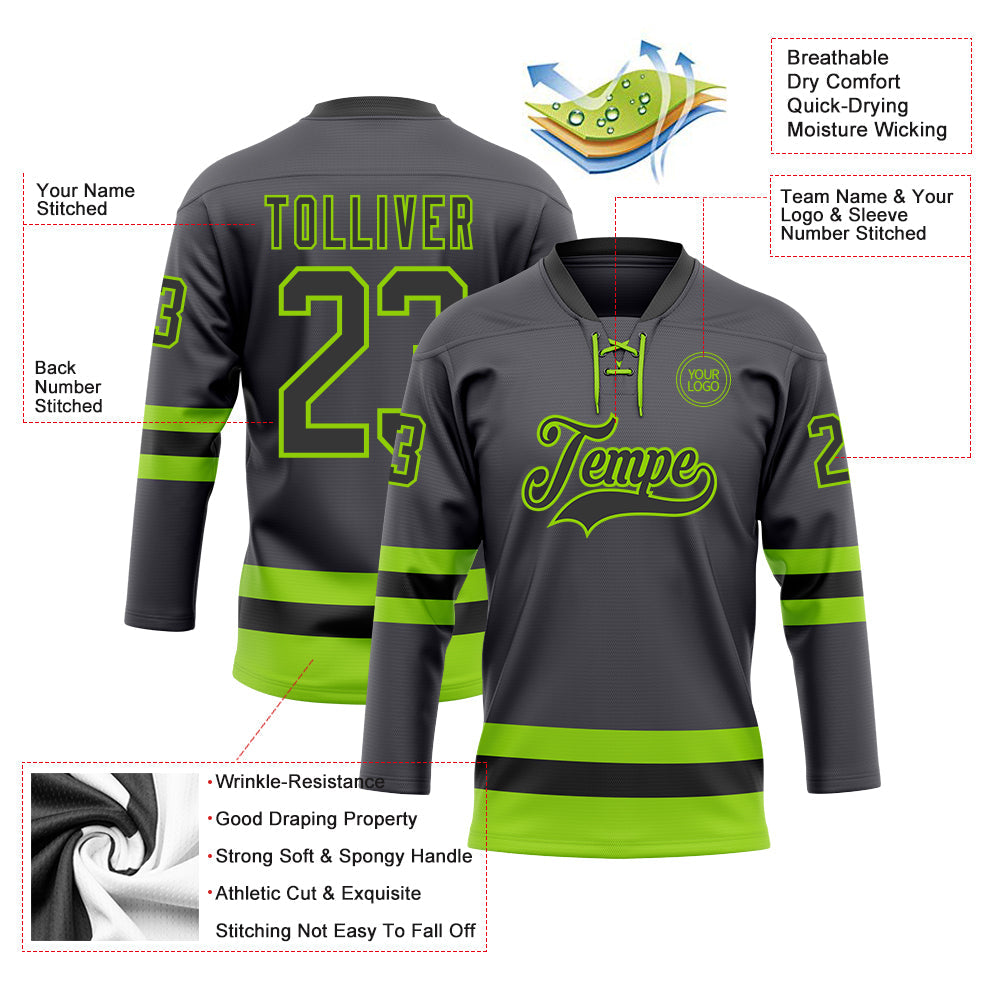 Custom Steel Gray Black-Neon Green Hockey Lace Neck Jersey view 3
