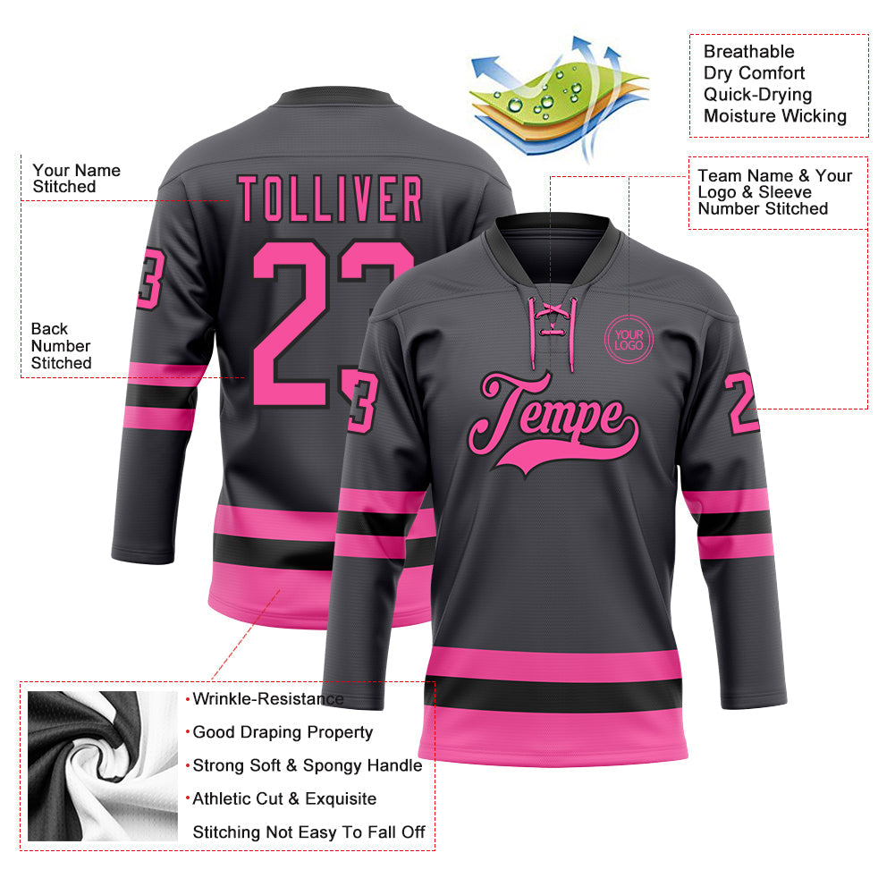 Custom Steel Gray Pink-Black Hockey Lace Neck Jersey view 3