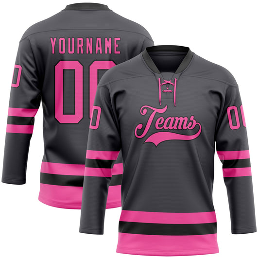 Custom Steel Gray Pink-Black Hockey Lace Neck Jersey - Main View