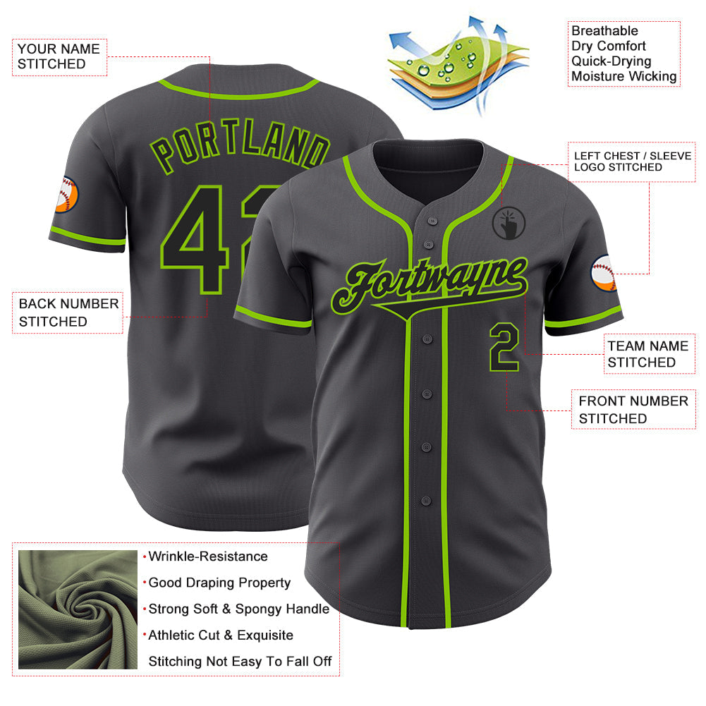Custom Steel Gray Black-Neon Green Authentic Baseball Jersey view 3