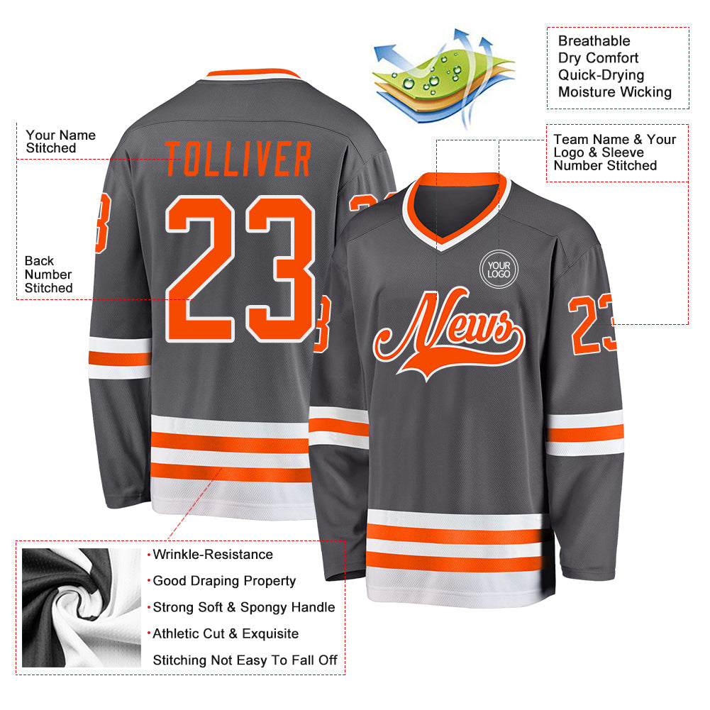 Custom Steel Gray Orange-White Hockey Jersey view 3