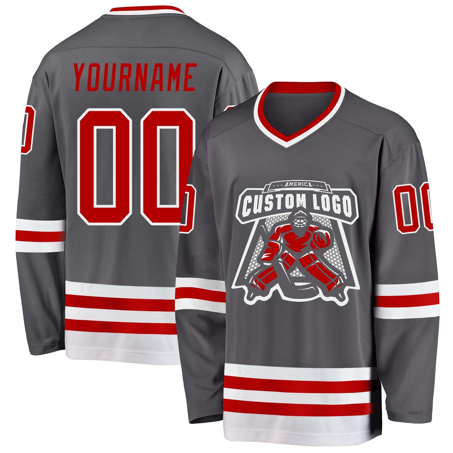 Custom Steel Gray Red-White Hockey Jersey view 2