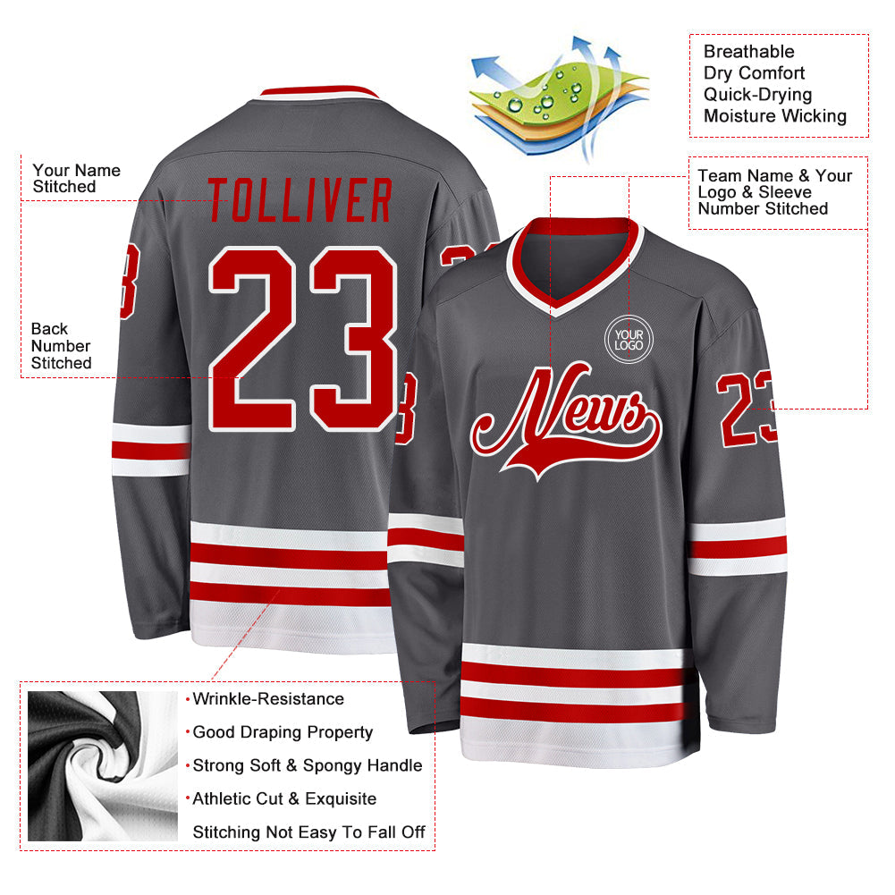 Custom Steel Gray Red-White Hockey Jersey view 3