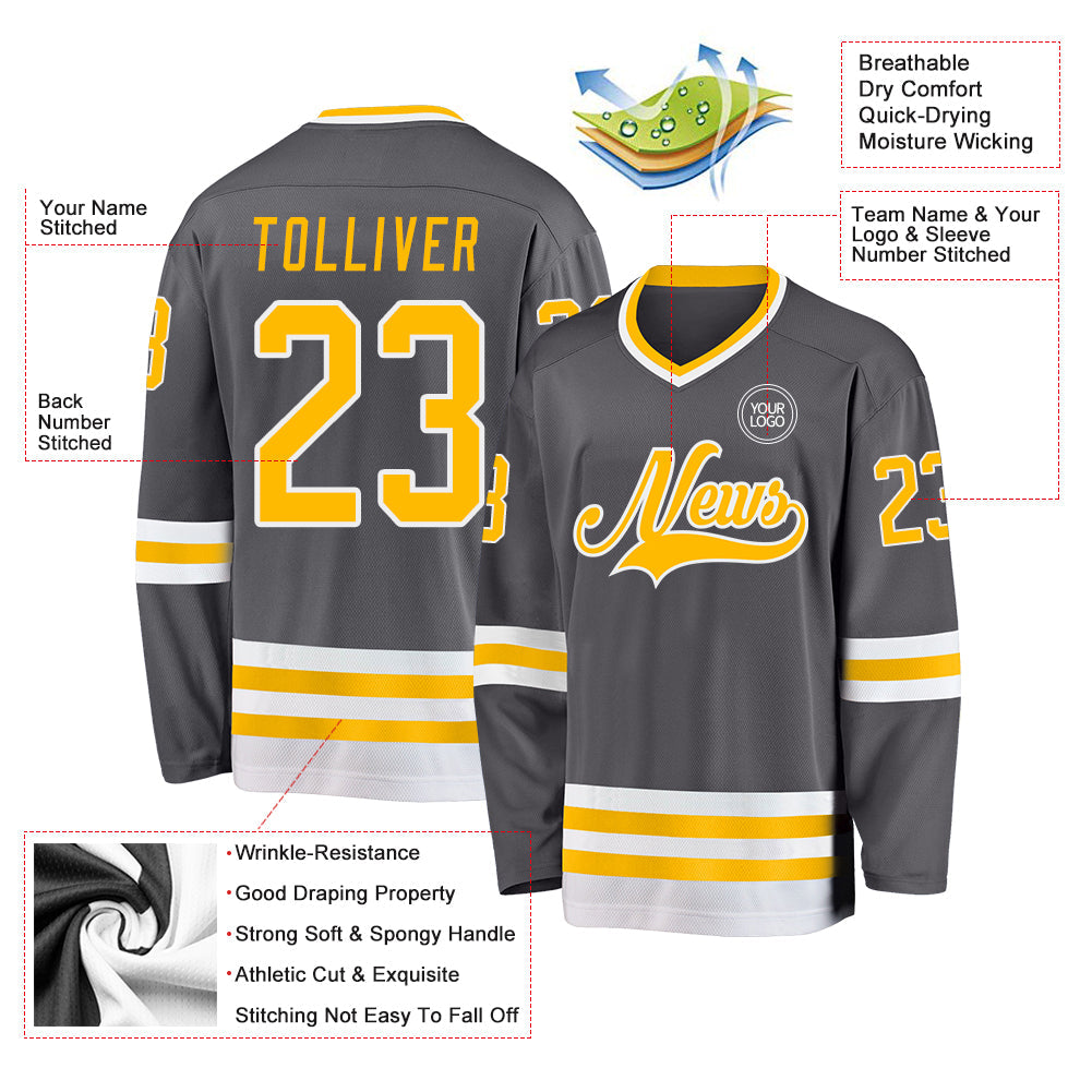 Custom Steel Gray Gold-White Hockey Jersey view 3