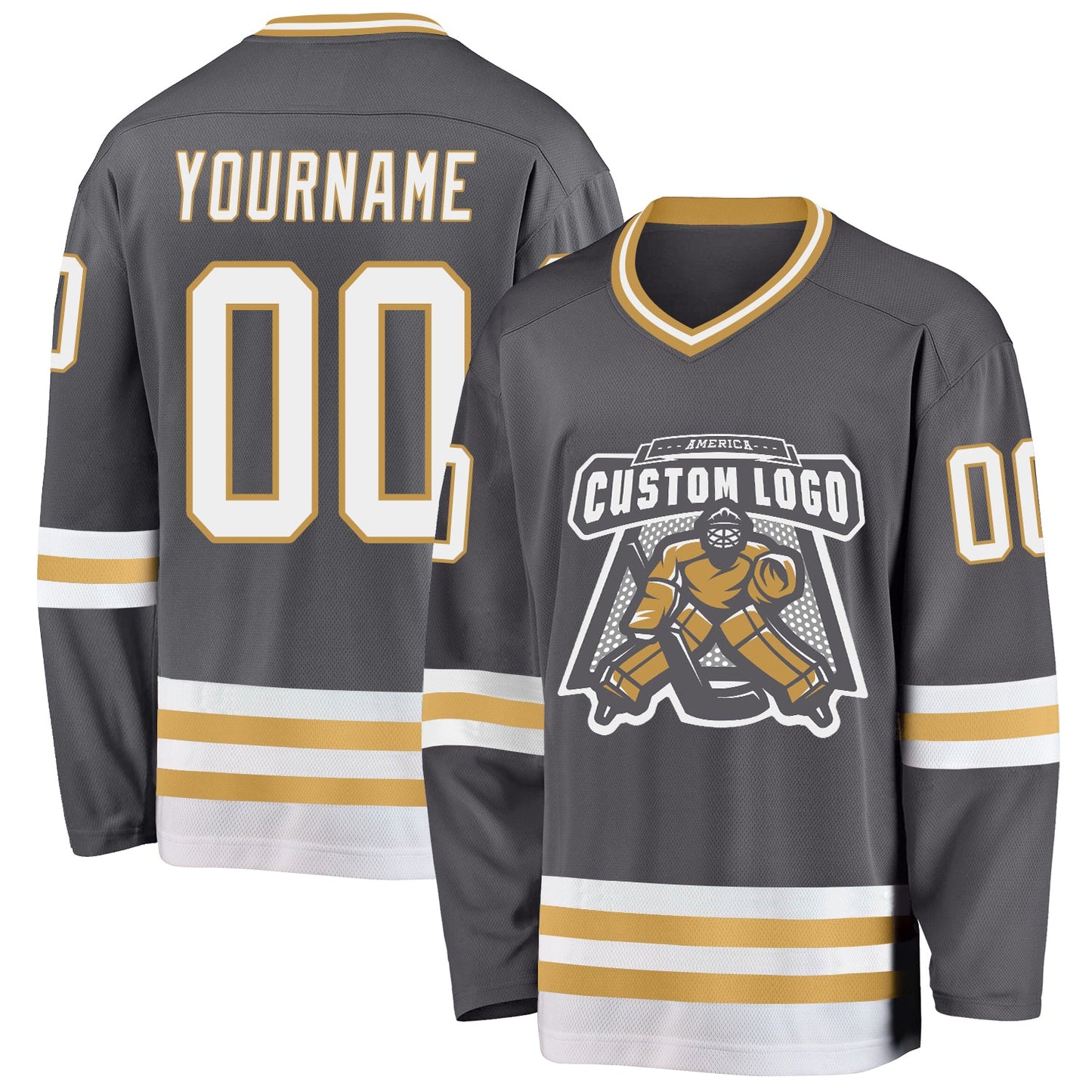 Custom Steel Gray White-Old Gold Hockey Jersey view 2