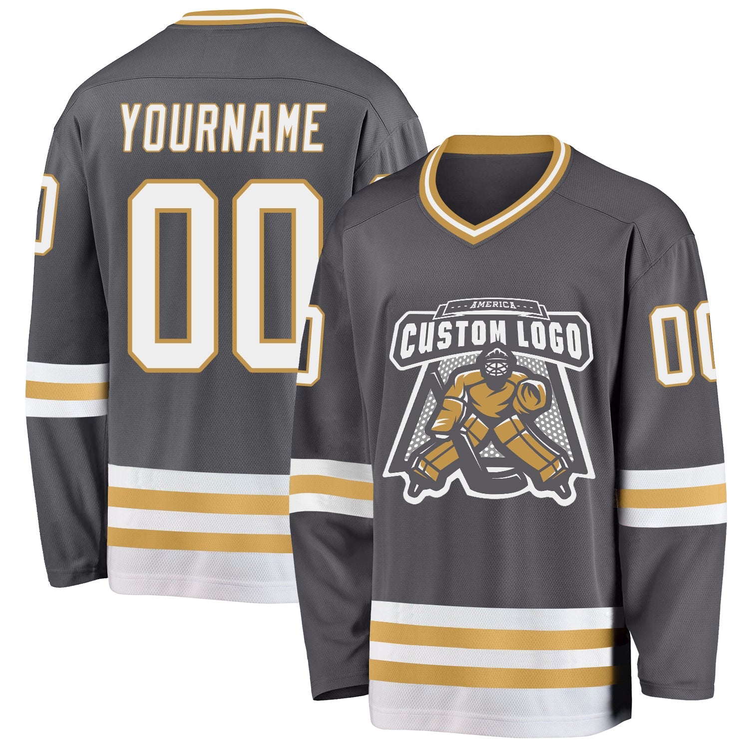 Custom Steel Gray White-Old Gold Hockey Jersey view 2