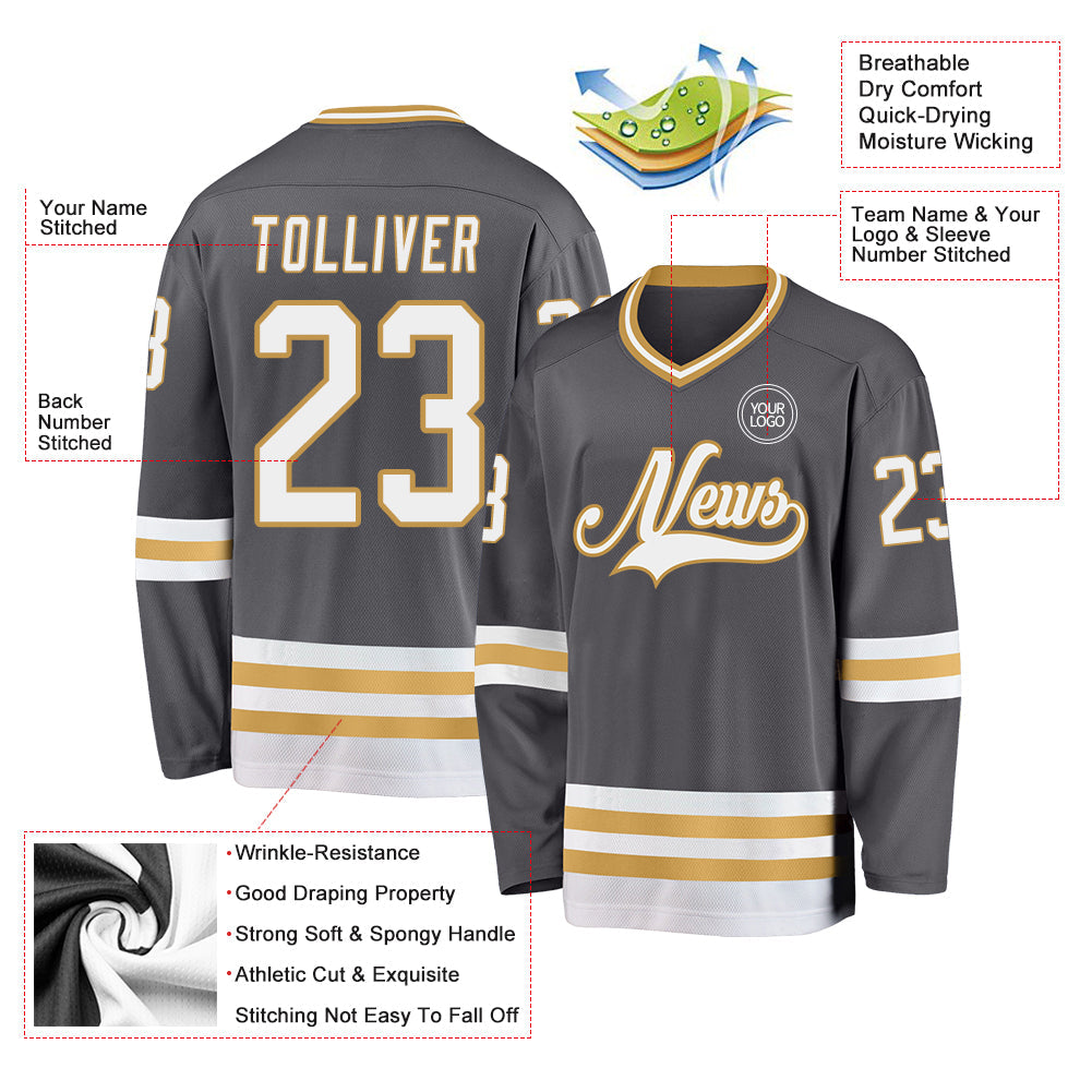 Custom Steel Gray White-Old Gold Hockey Jersey view 3