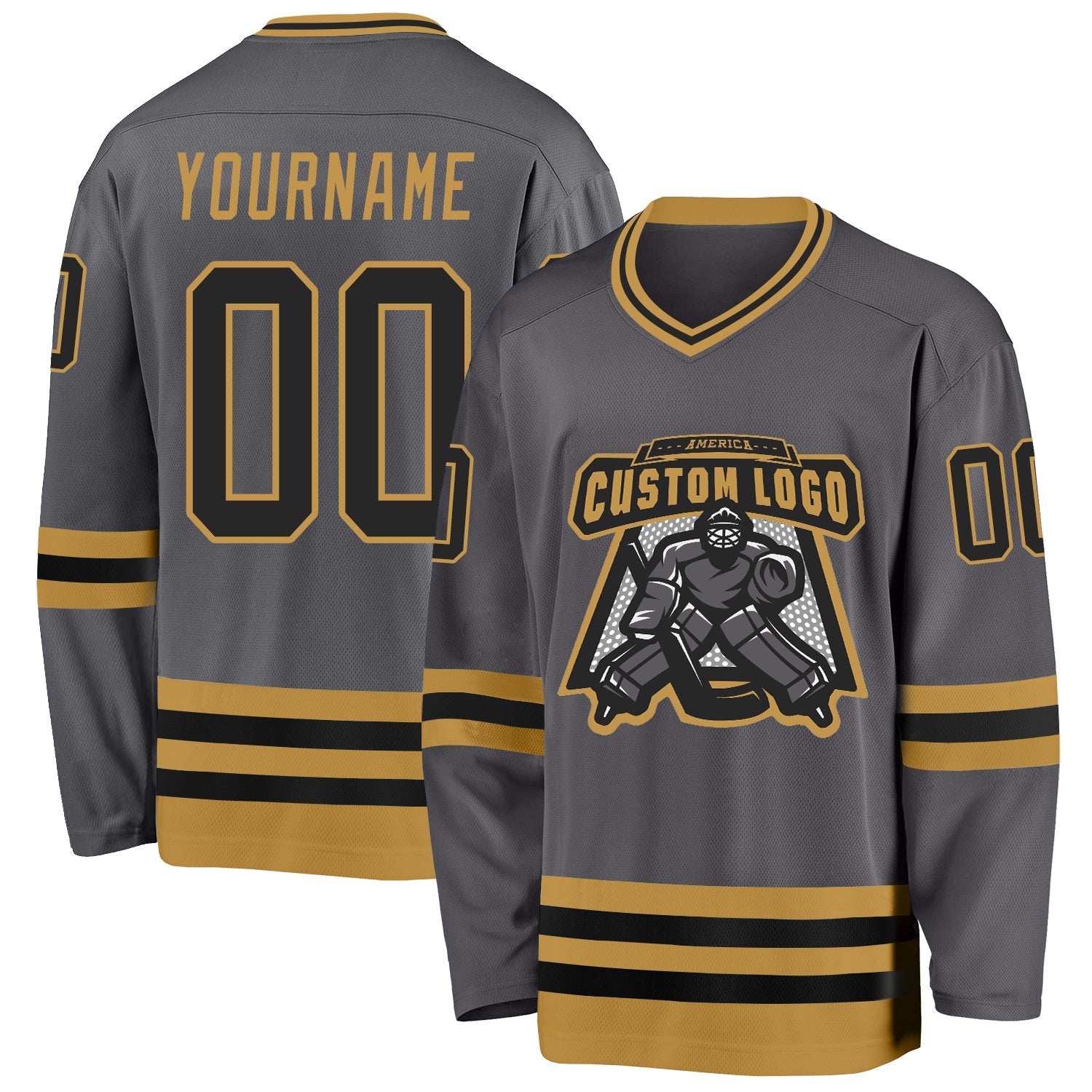 Custom Steel Gray Black-Old Gold Hockey Jersey view 2
