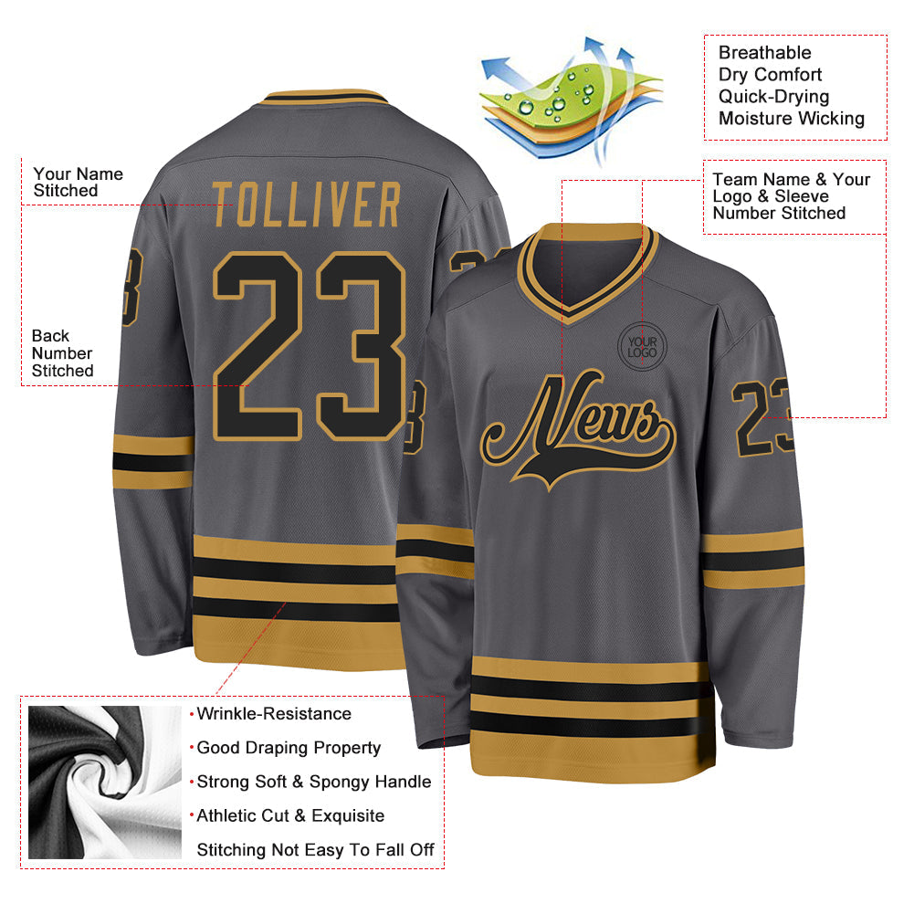 Custom Steel Gray Black-Old Gold Hockey Jersey view 3