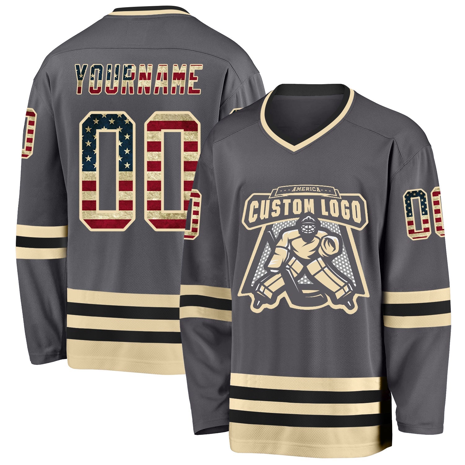 Custom Steel Gray Vintage USA Flag Cream-Black Hockey Jersey view 2
