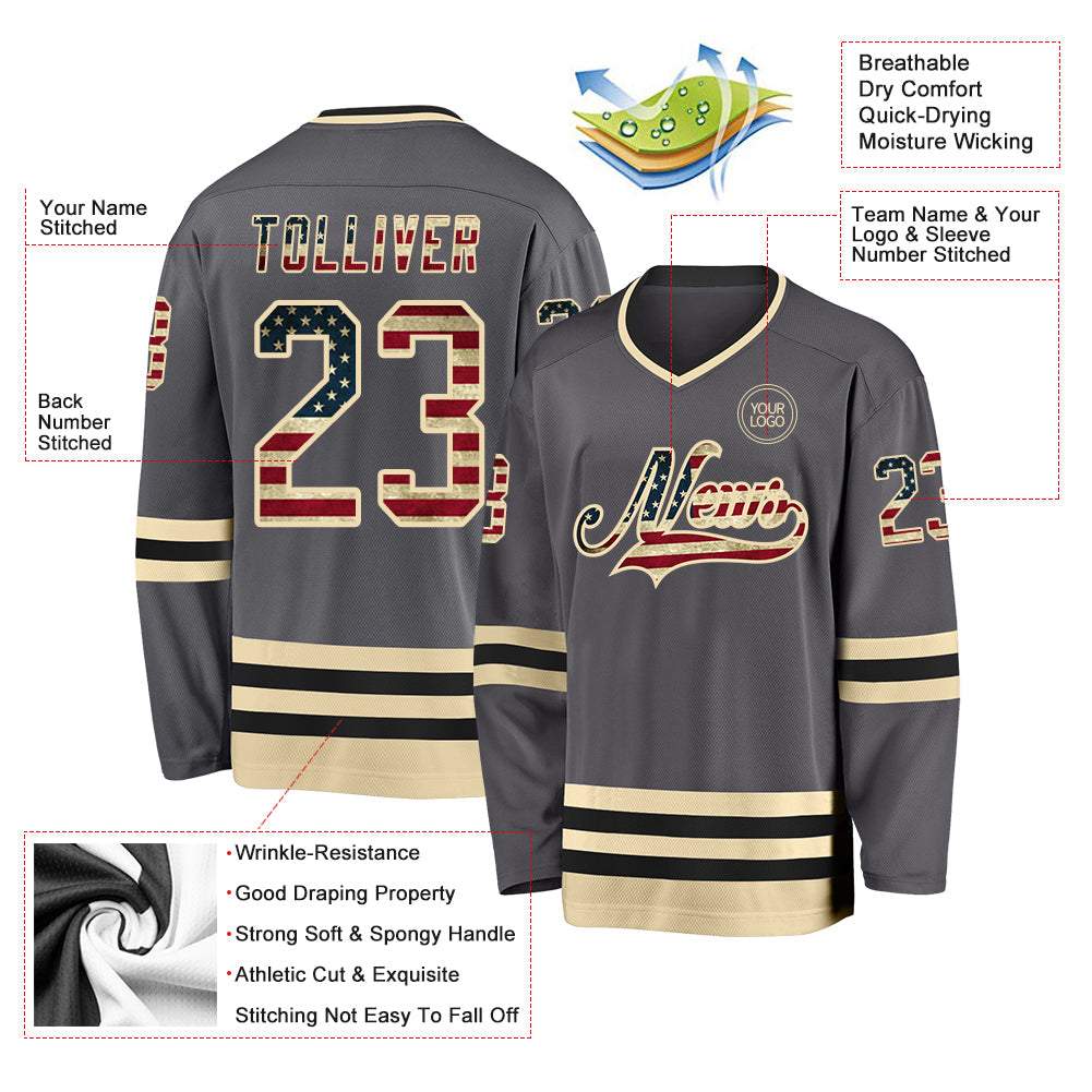 Custom Steel Gray Vintage USA Flag Cream-Black Hockey Jersey view 3