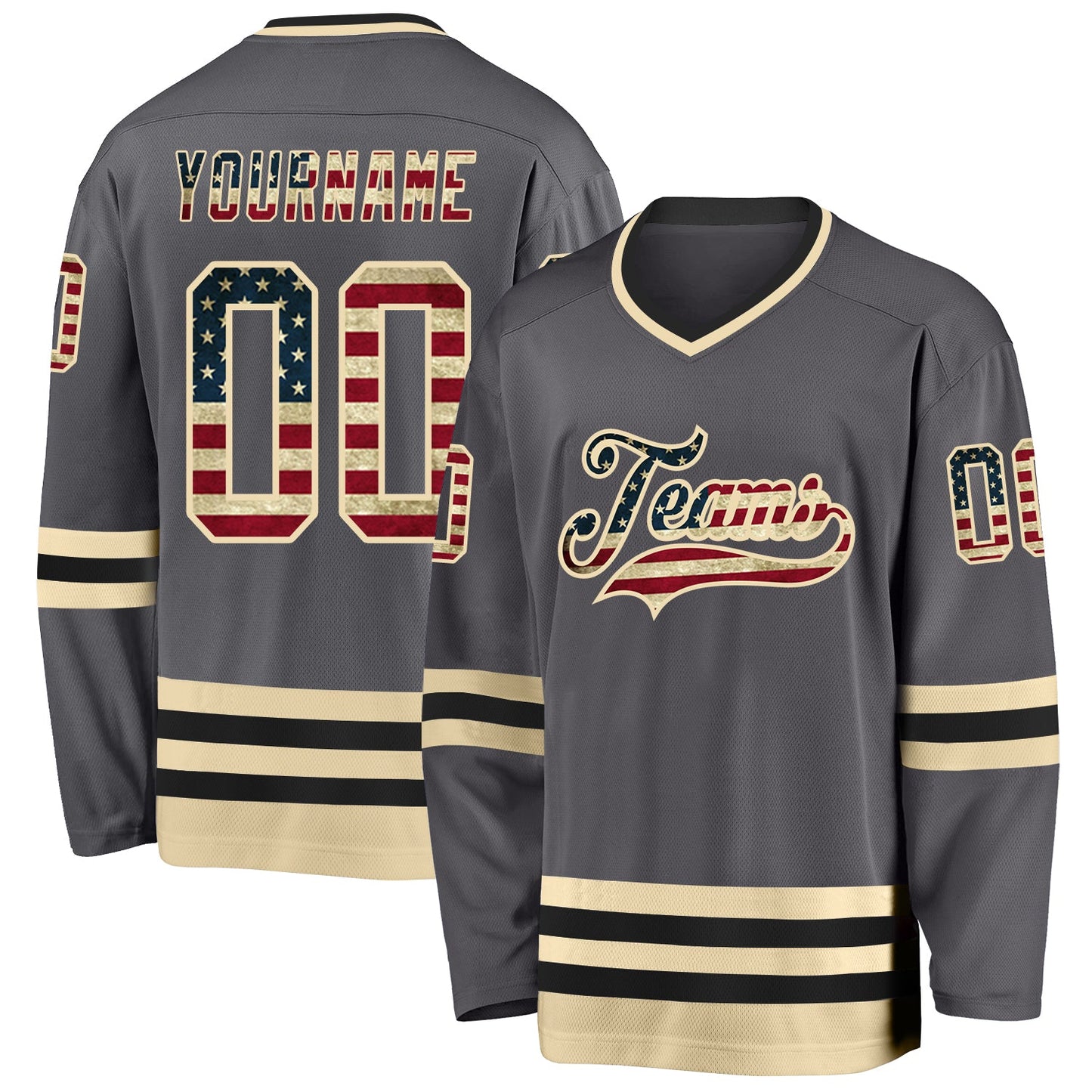 Custom Steel Gray Vintage USA Flag Cream-Black Hockey Jersey - Main View