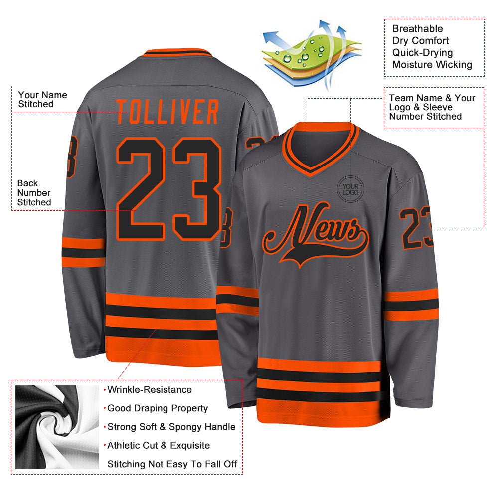 Custom Steel Gray Black-Orange Hockey Jersey view 3