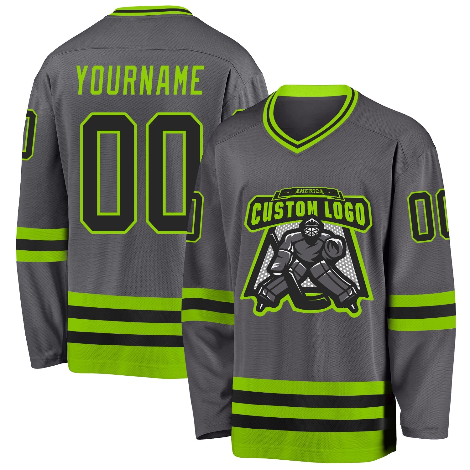 Custom Steel Gray Black-Neon Green Hockey Jersey view 2