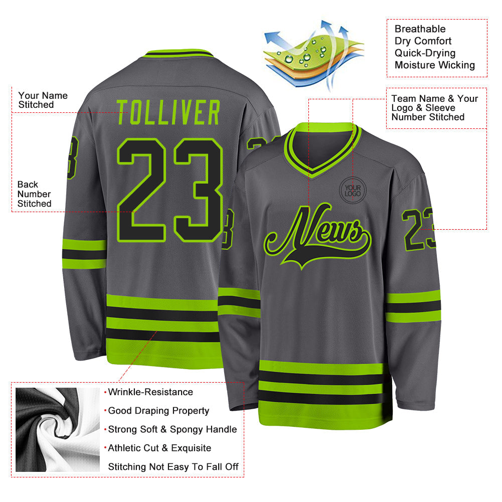 Custom Steel Gray Black-Neon Green Hockey Jersey view 3