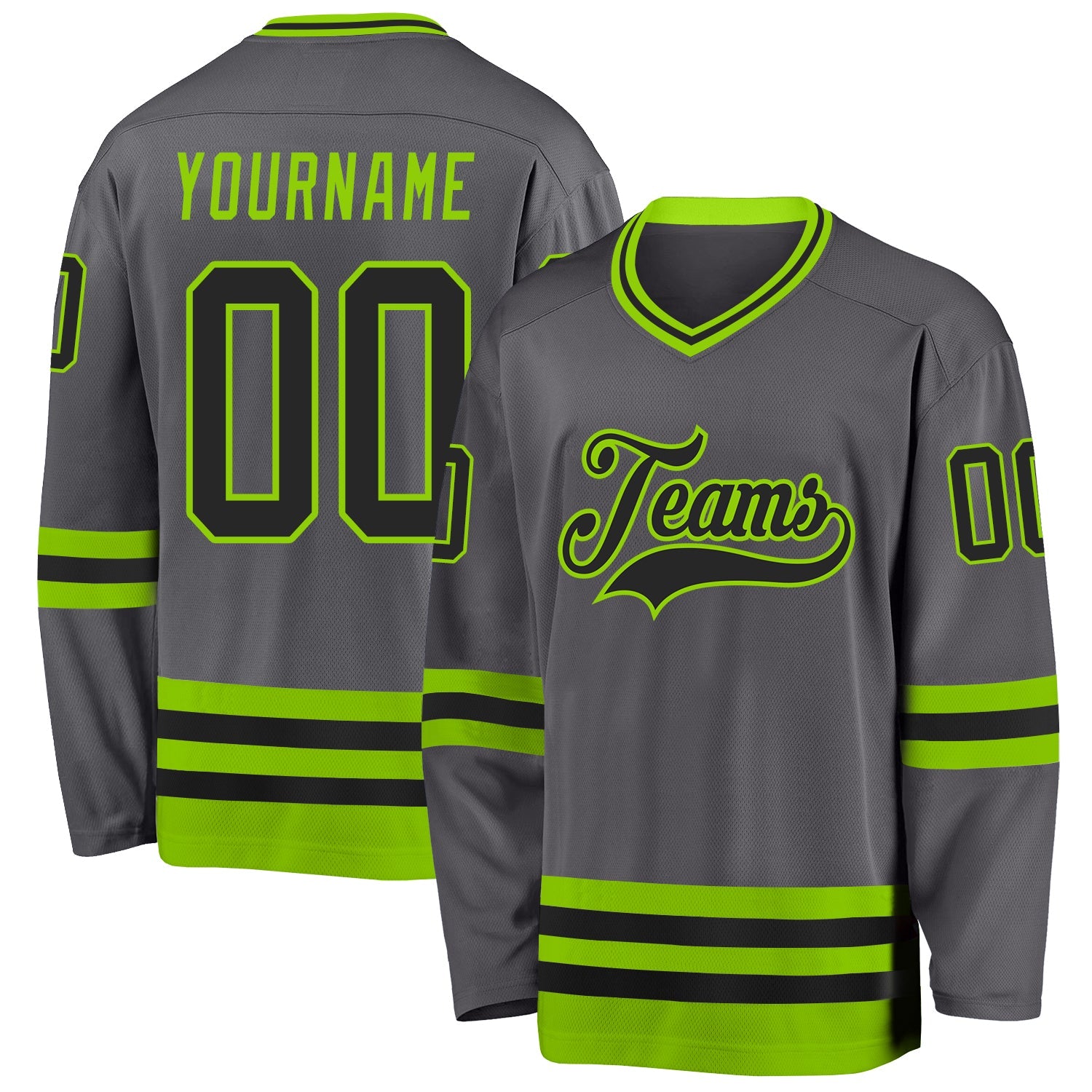 Custom Steel Gray Black-Neon Green Hockey Jersey - Main View