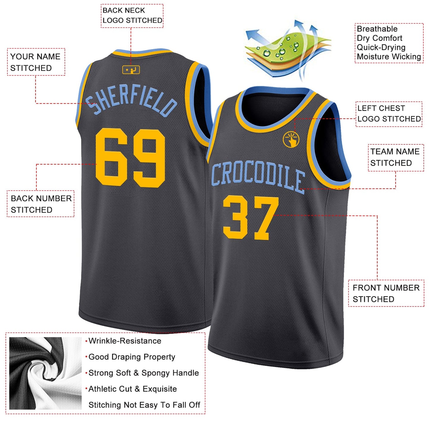 Custom Steel Gray Gold-Light Blue Authentic Basketball Jersey view 2