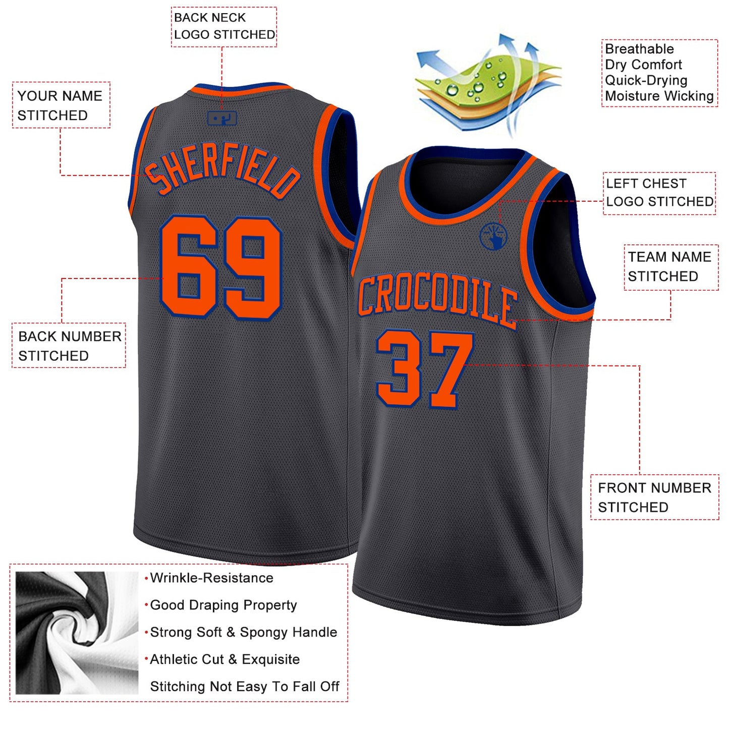 Custom Steel Gray Orange-Royal Authentic Basketball Jersey view 2