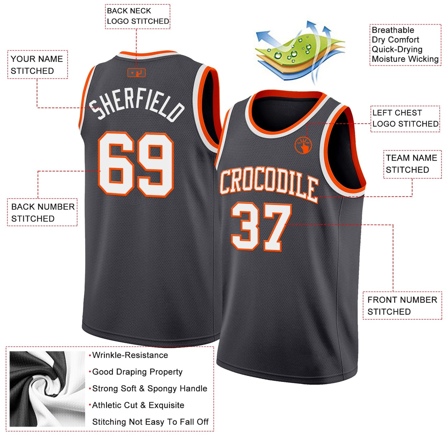 Custom Steel Gray White-Orange Authentic Basketball Jersey view 2