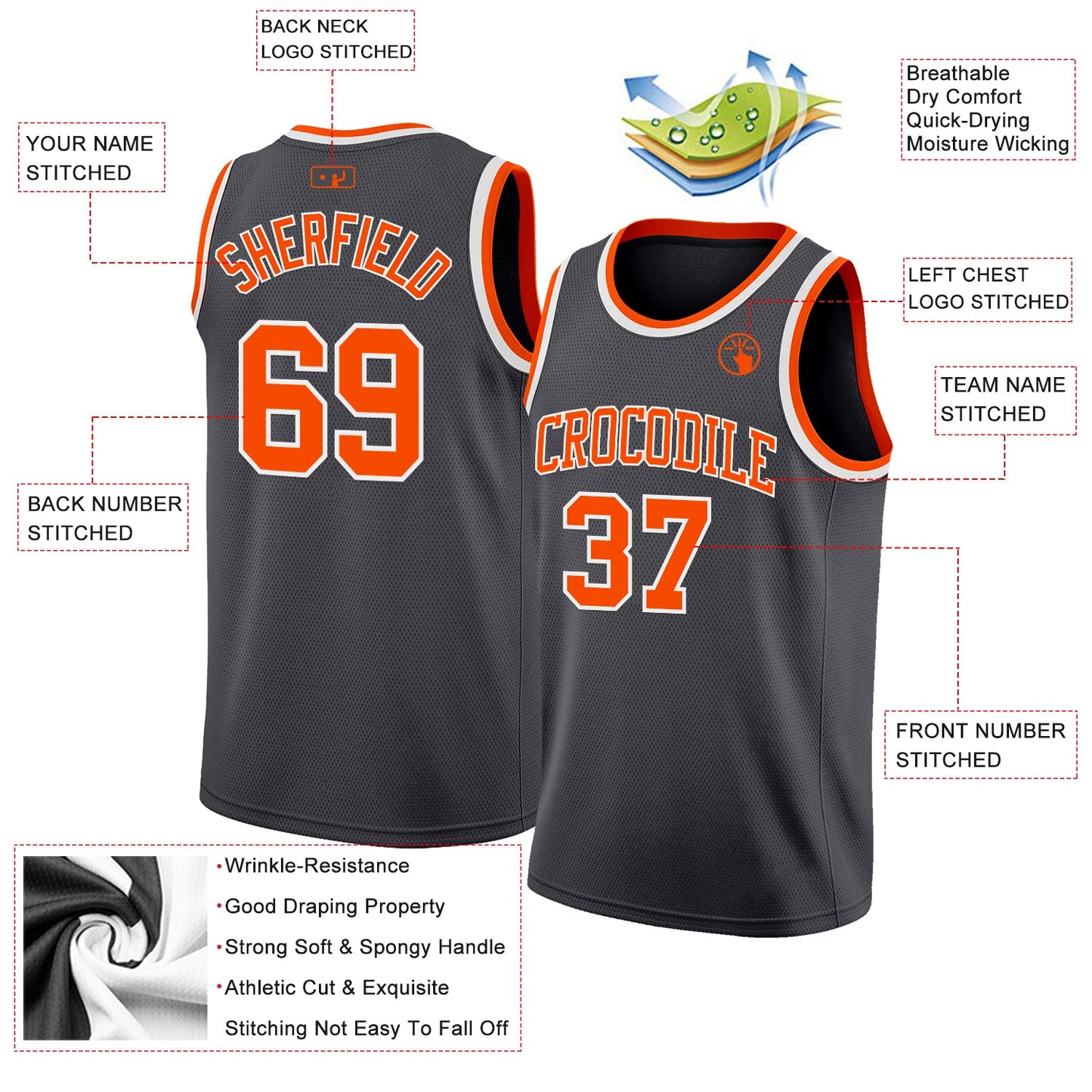 Custom Steel Gray Orange-White Authentic Basketball Jersey view 2