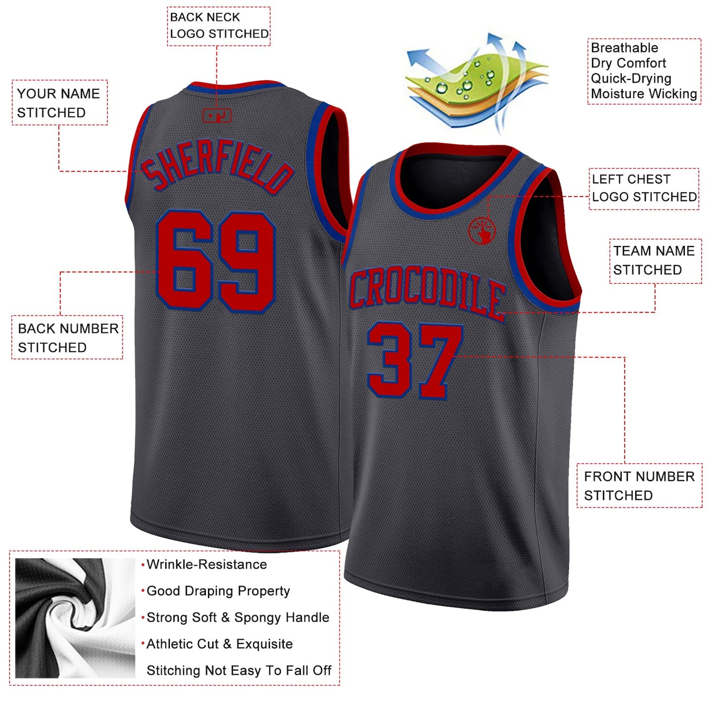 Custom Steel Gray Red-Royal Authentic Basketball Jersey view 2
