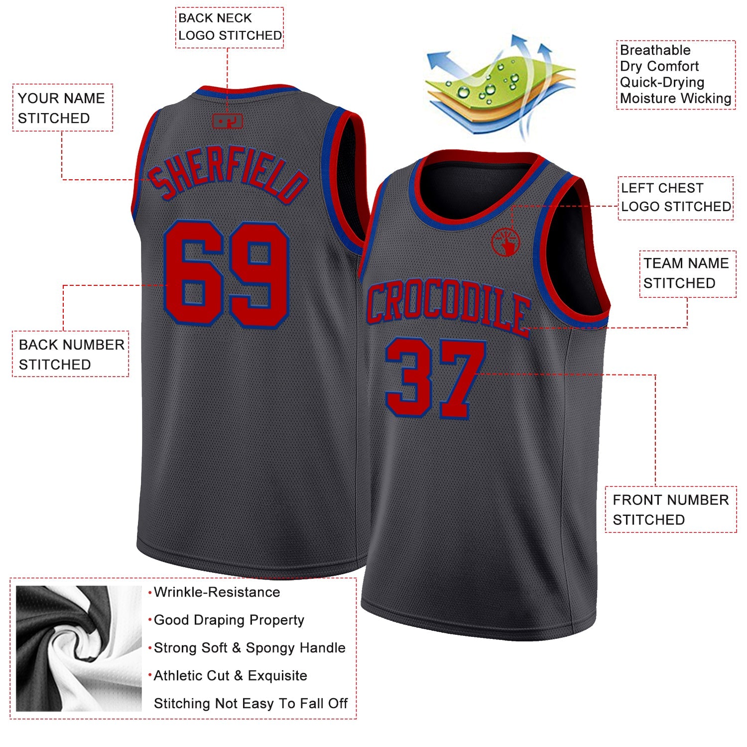 Custom Steel Gray Red-Royal Authentic Basketball Jersey view 2