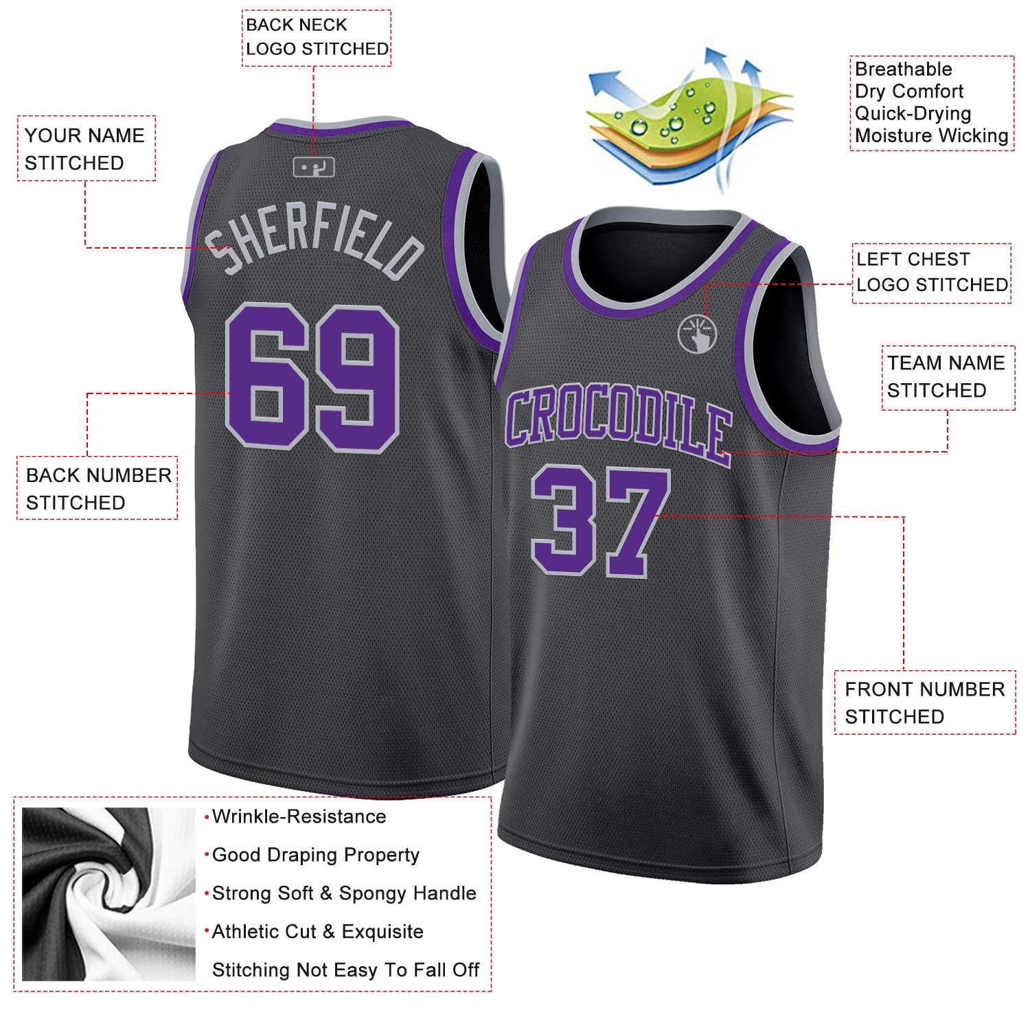 Custom Steel Gray Purple-Gray Authentic Basketball Jersey view 2