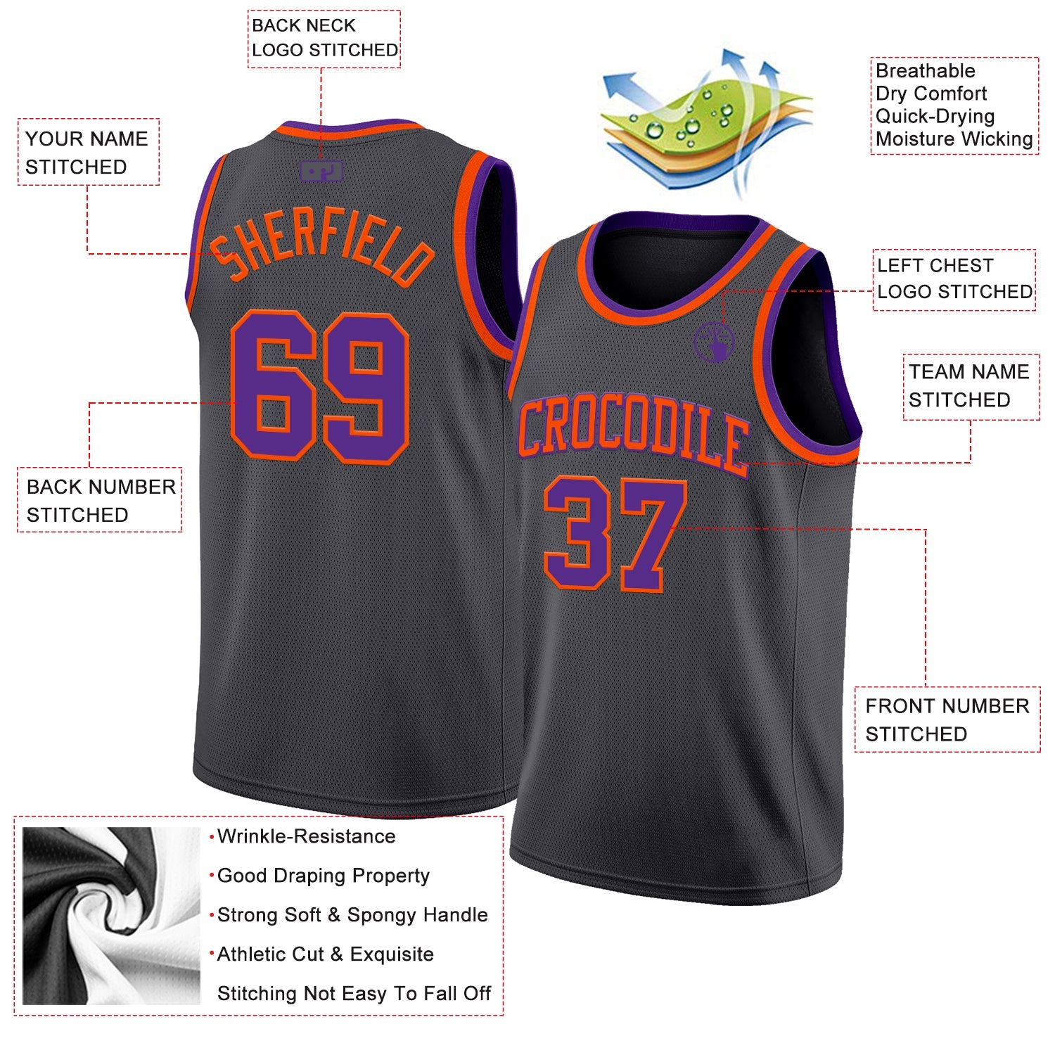 Custom Steel Gray Purple-Orange Authentic Basketball Jersey view 2
