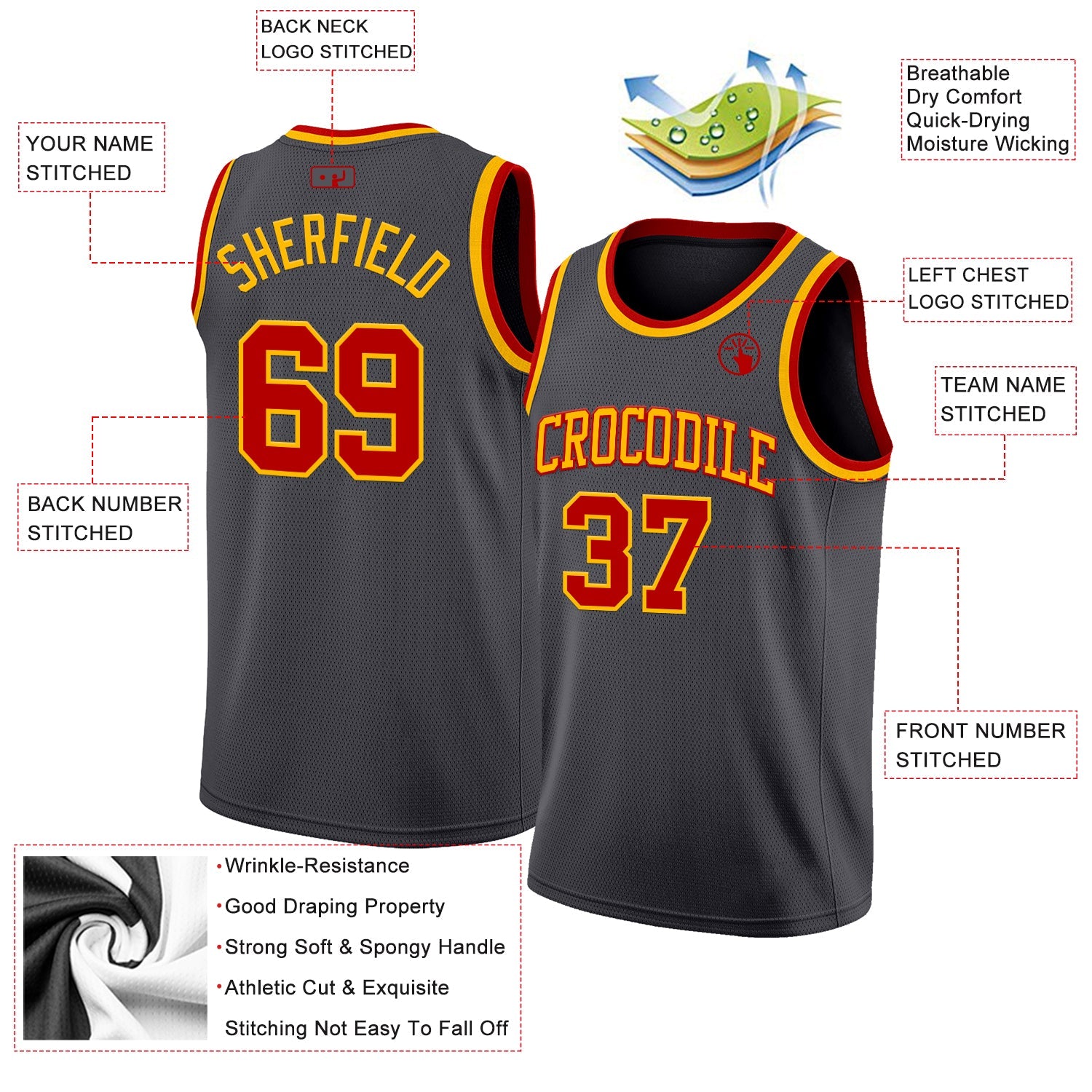 Custom Steel Gray Red-Gold Authentic Basketball Jersey view 2