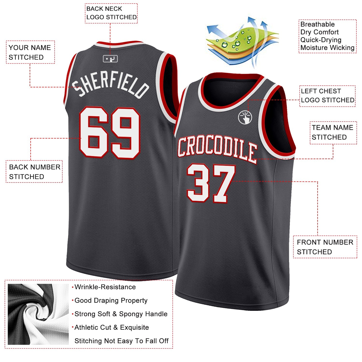 Custom Steel Gray White-Red Authentic Basketball Jersey view 2