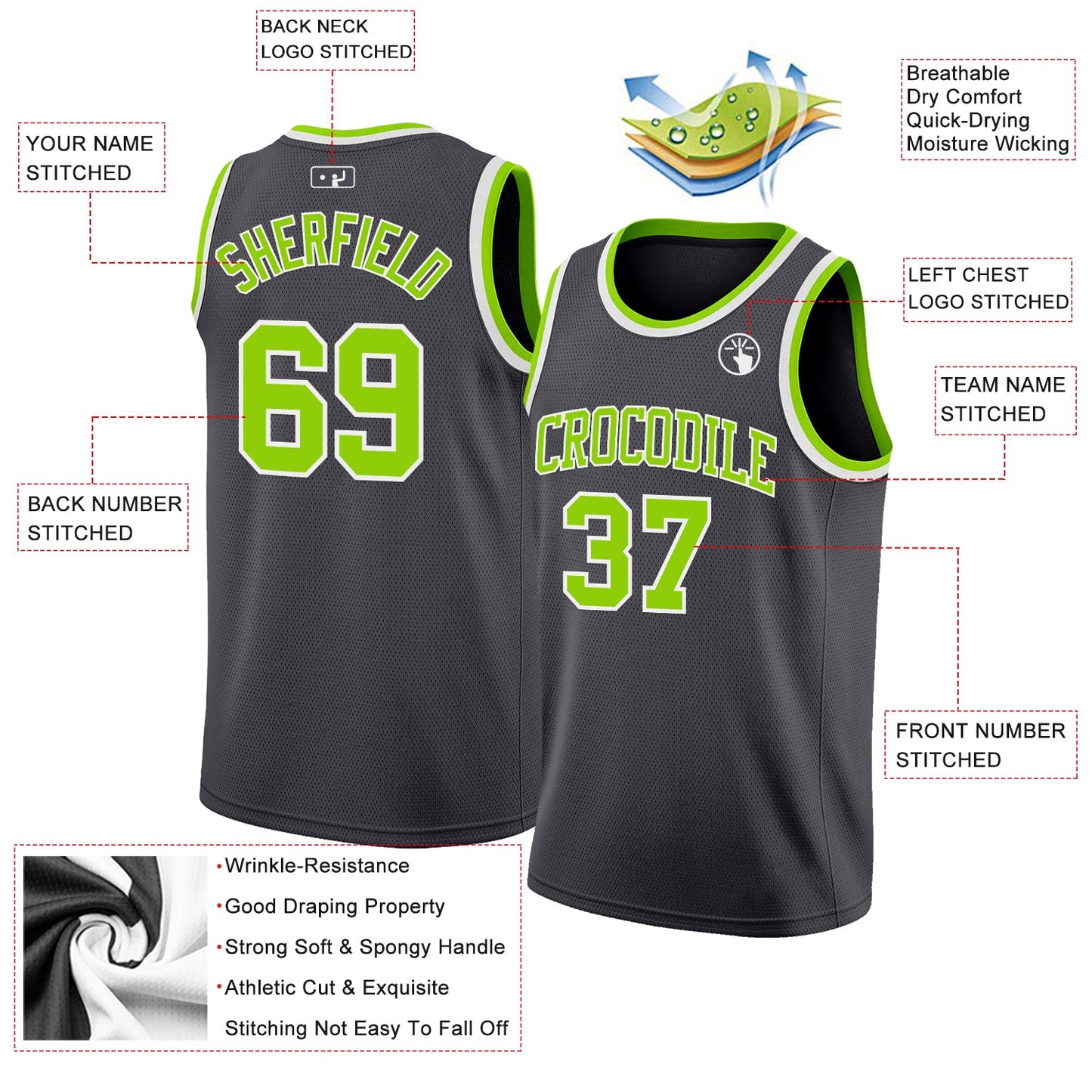 Custom Steel Gray Neon Green-White Authentic Basketball Jersey view 2