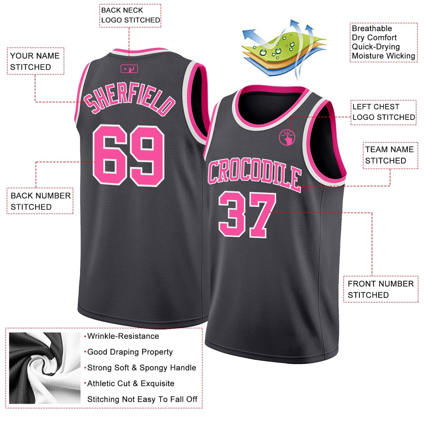 Custom Steel Gray Pink-White Authentic Basketball Jersey view 2