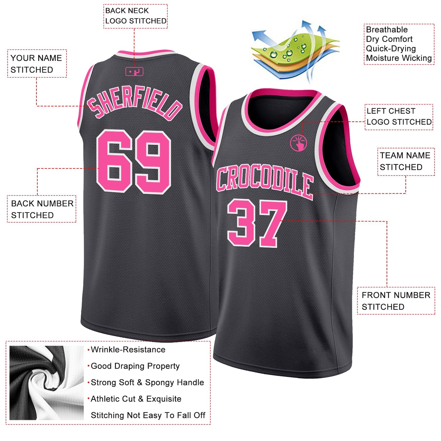 Custom Steel Gray Pink-White Authentic Basketball Jersey view 2