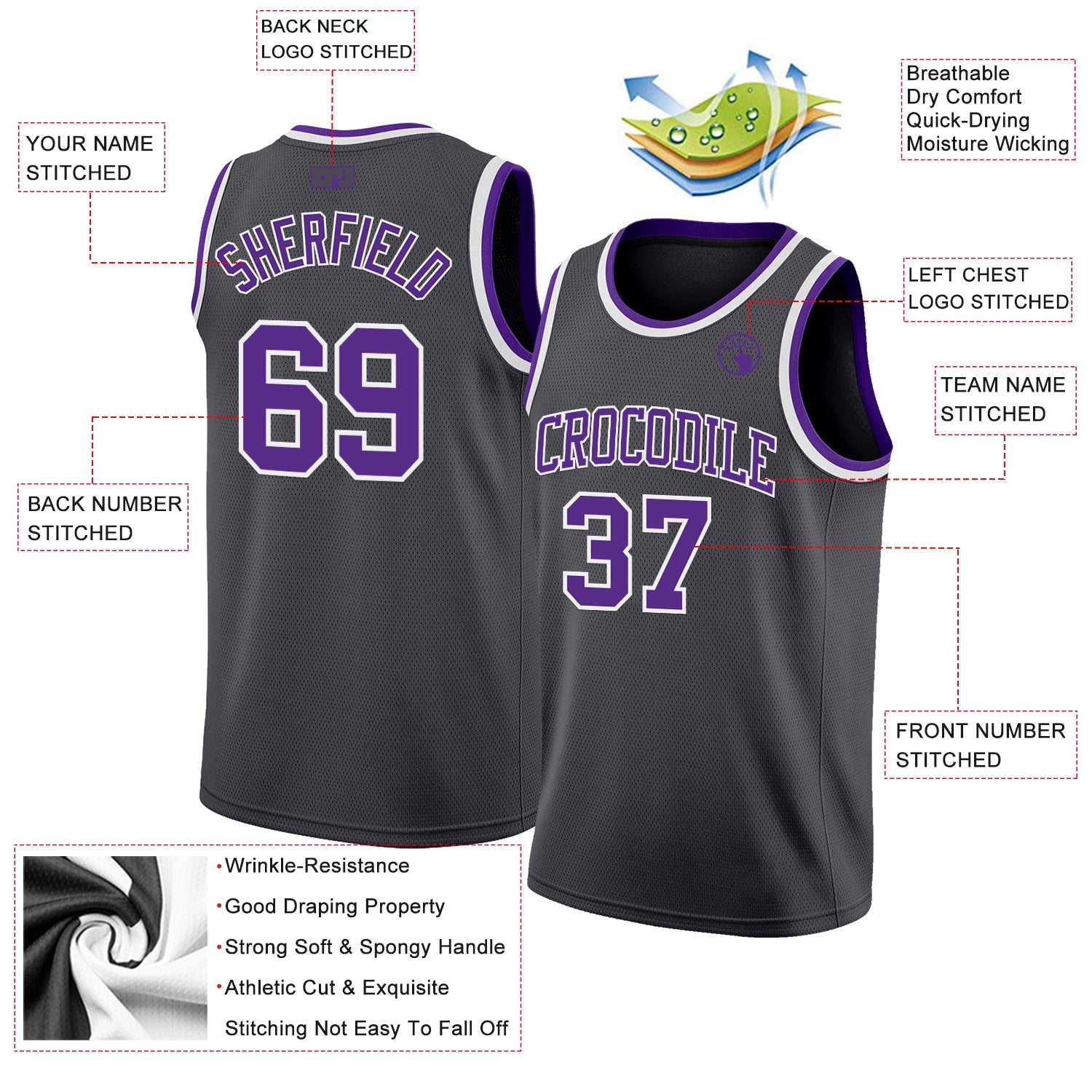 Custom Steel Gray Purple-White Authentic Basketball Jersey view 2