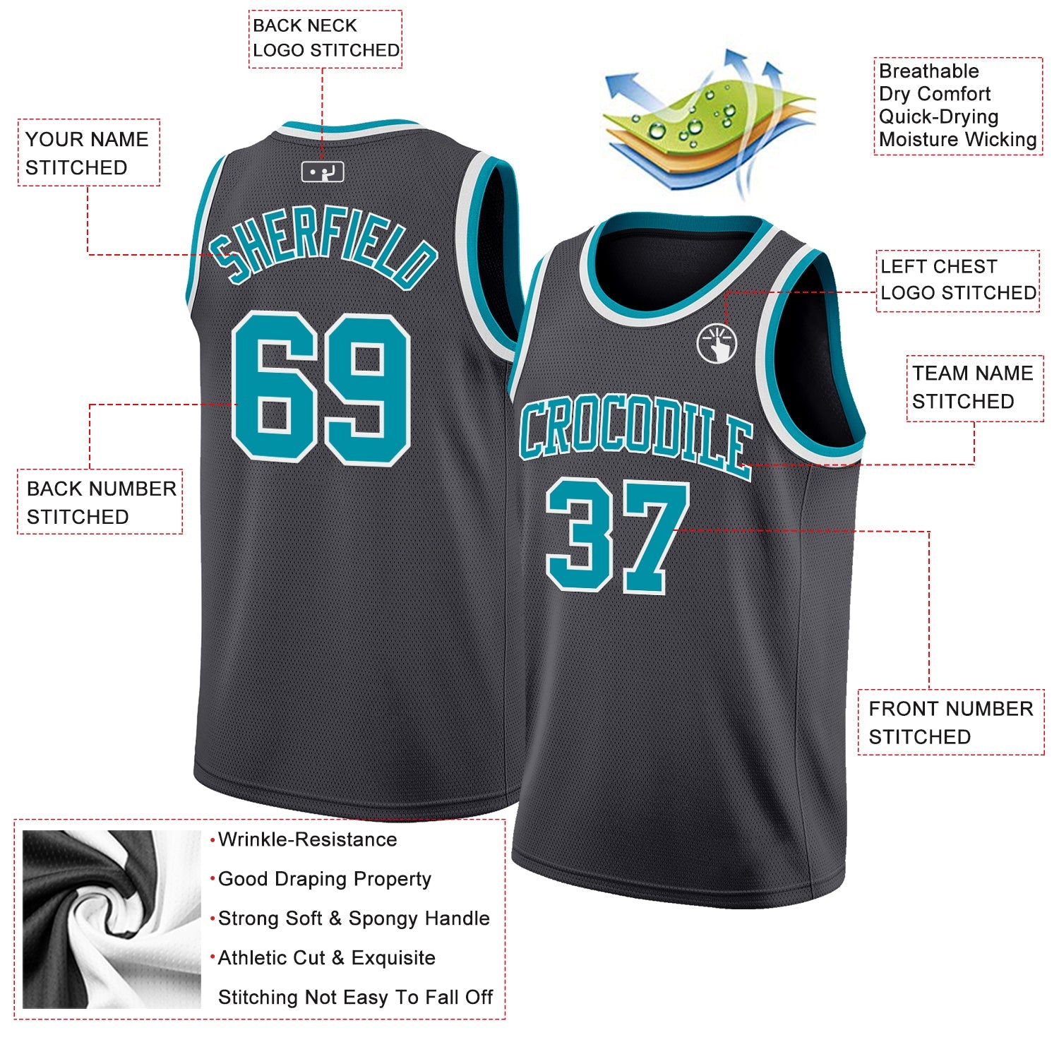 Custom Steel Gray Teal-White Authentic Basketball Jersey view 2