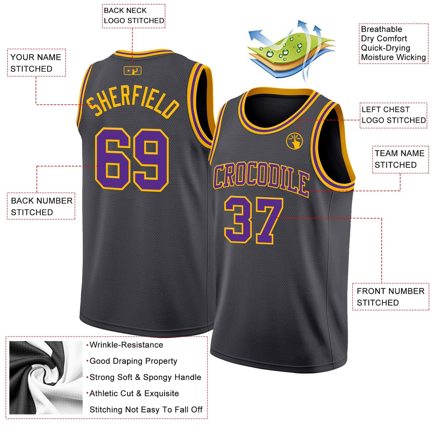 Custom Steel Gray Purple-Gold Authentic Basketball Jersey view 2