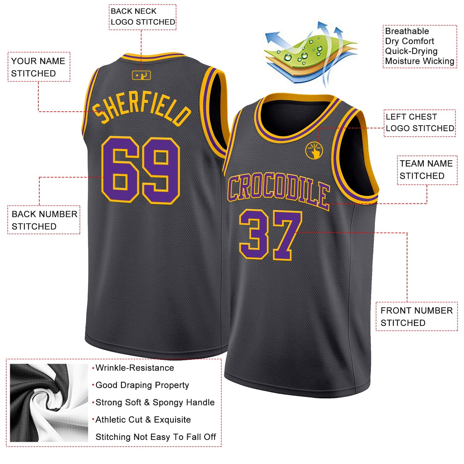 Custom Steel Gray Purple-Gold Authentic Basketball Jersey view 2