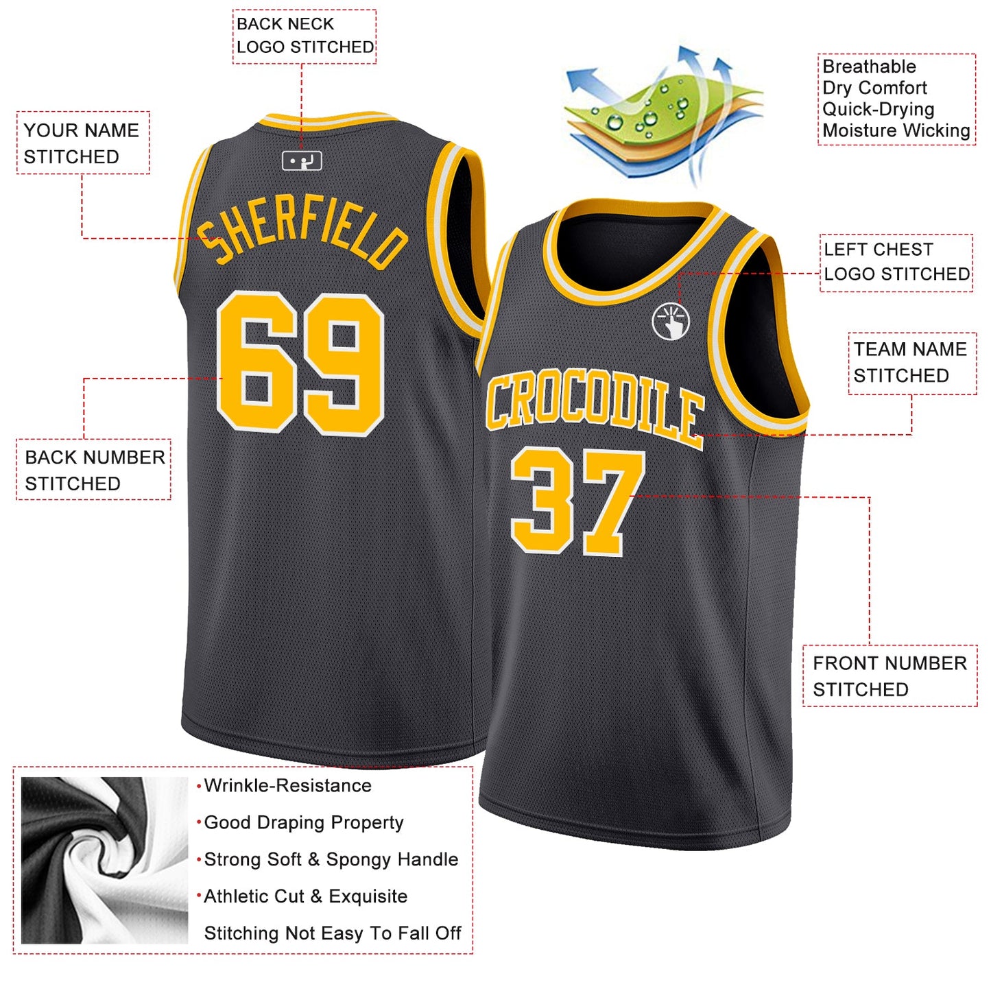 Custom Steel Gray Gold-White Authentic Basketball Jersey view 2