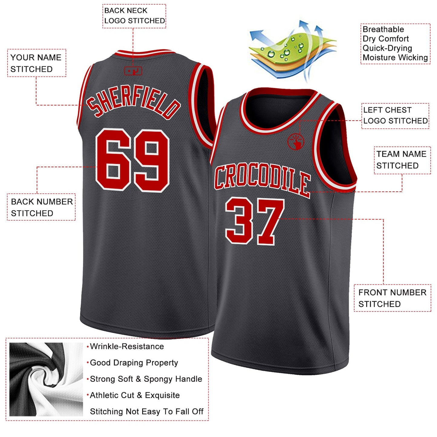 Custom Steel Gray Red-White Authentic Basketball Jersey view 2