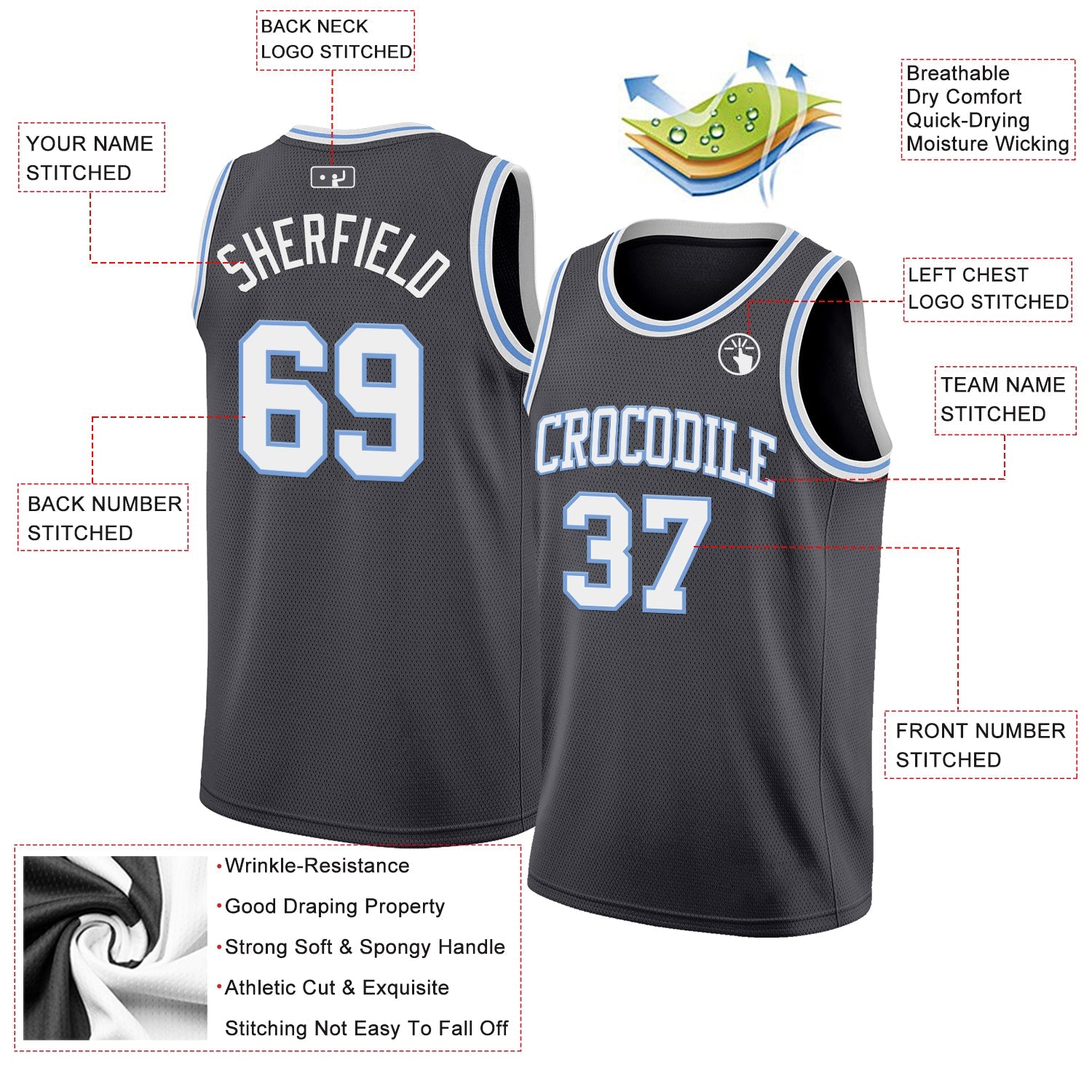 Custom Steel Gray White-Light Blue Authentic Basketball Jersey view 2
