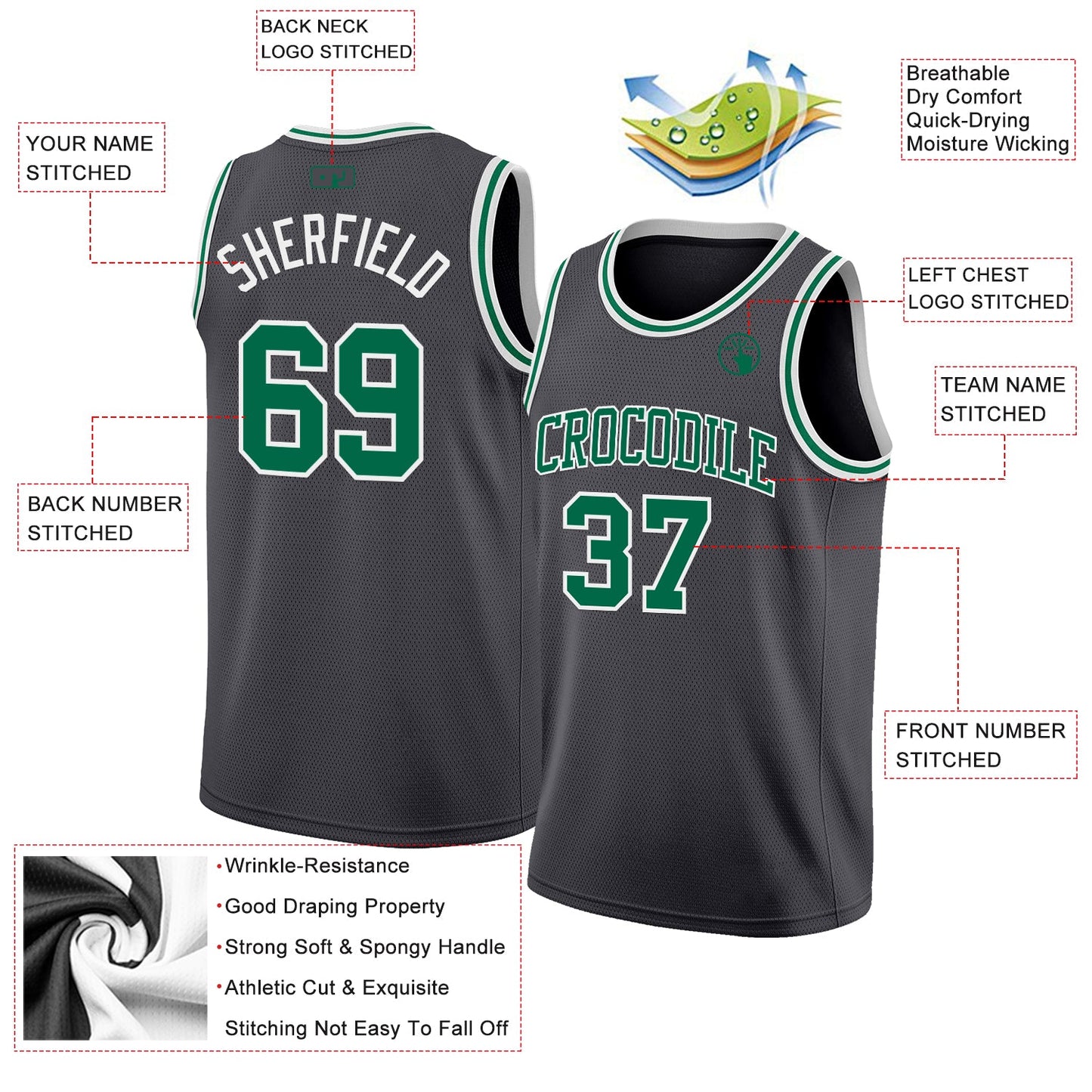 Custom Steel Gray Kelly Green-White Authentic Basketball Jersey view 2