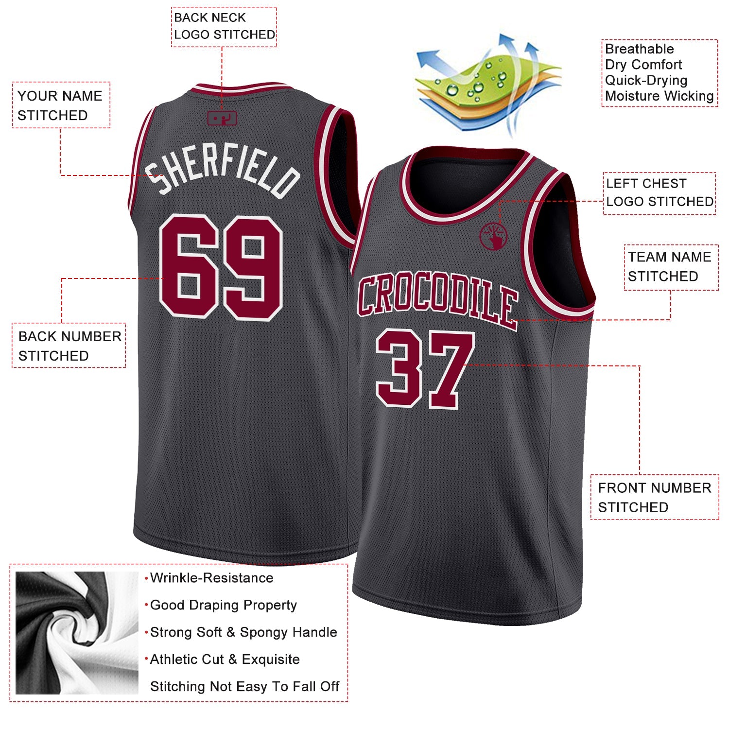 Custom Steel Gray Maroon-White Authentic Basketball Jersey view 2