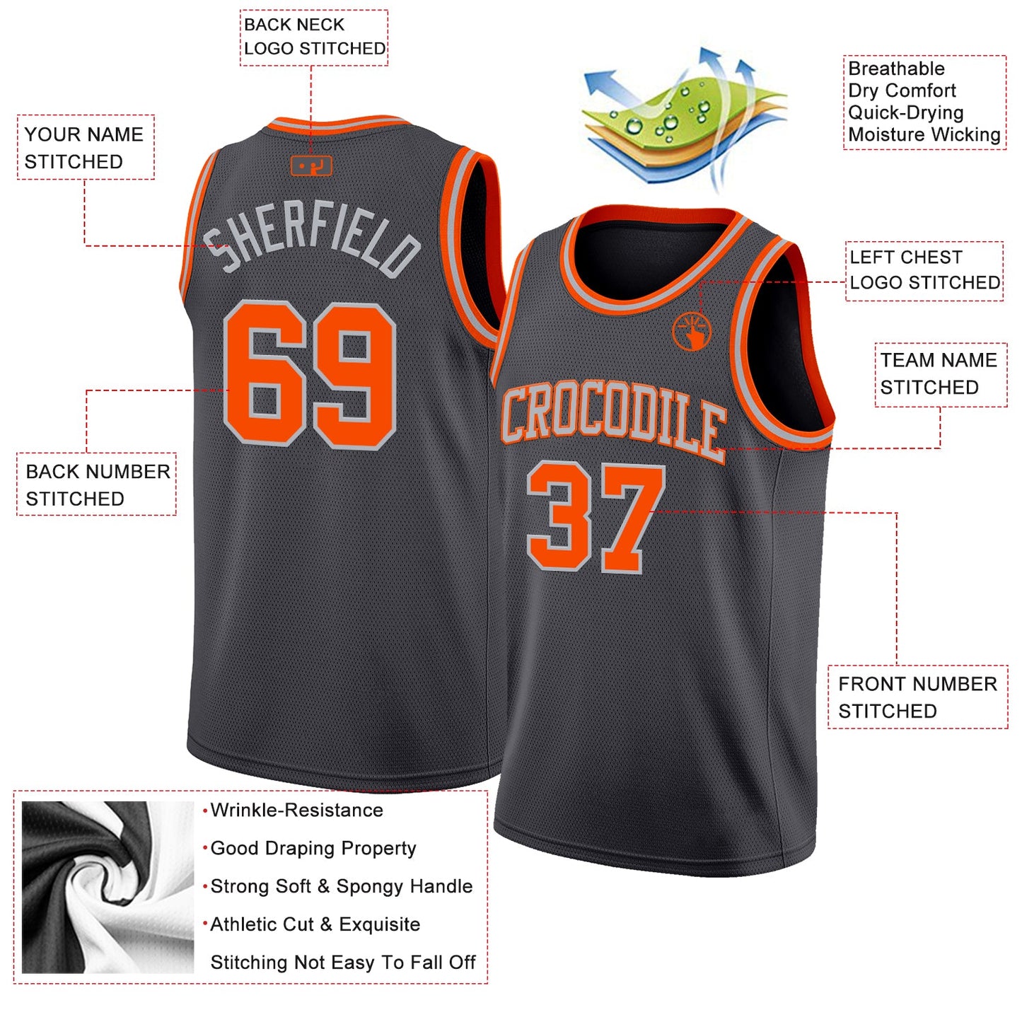 Custom Steel Gray Orange-Gray Authentic Basketball Jersey view 2