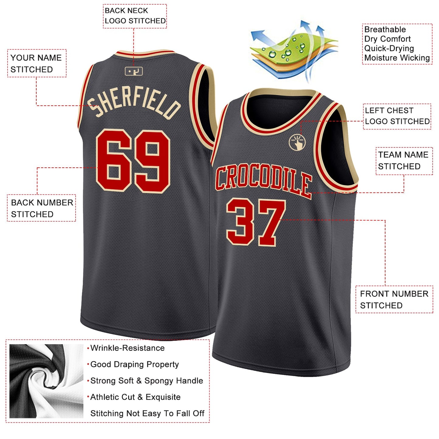 Custom Steel Gray Red-Cream Authentic Basketball Jersey view 2