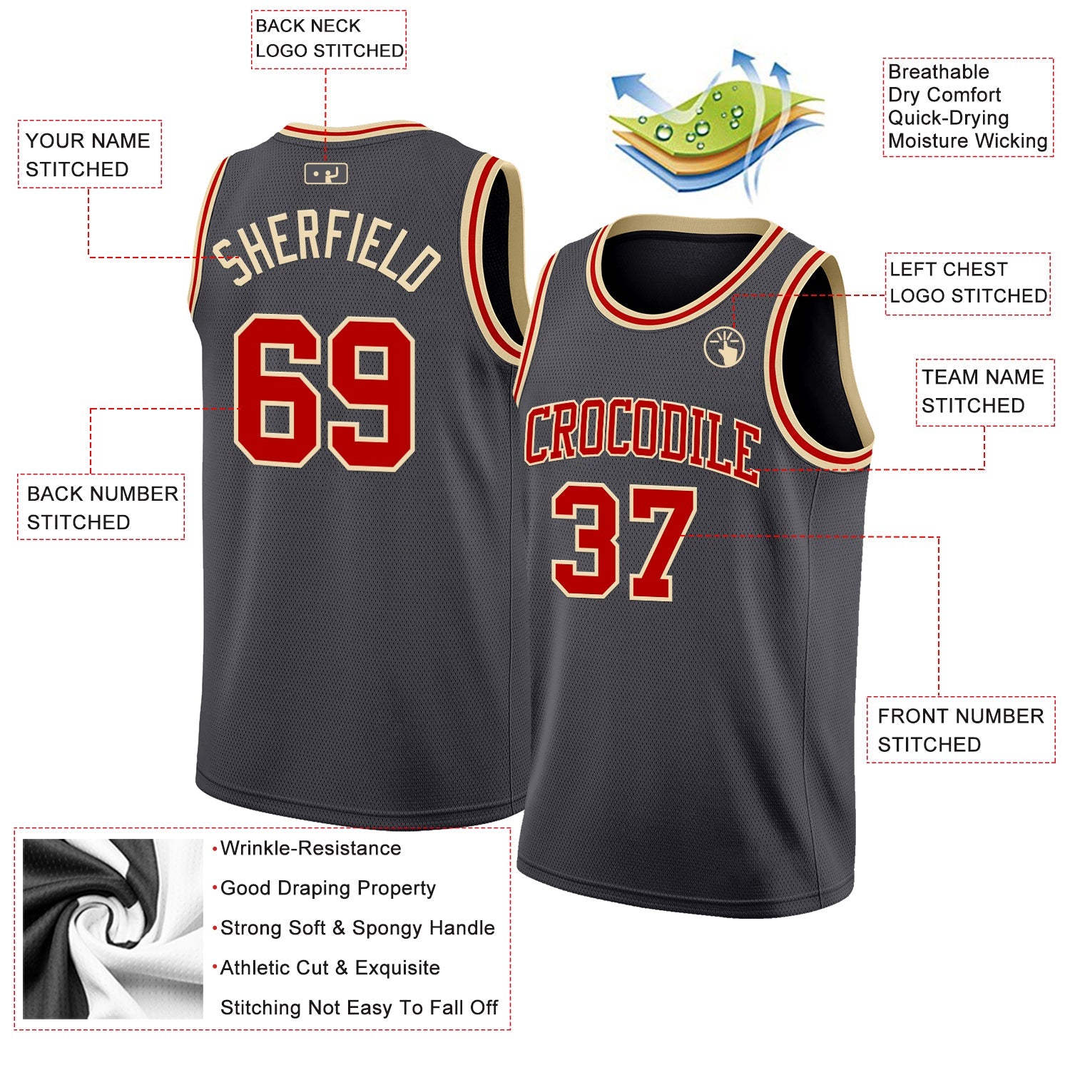 Custom Steel Gray Red-Cream Authentic Basketball Jersey view 2