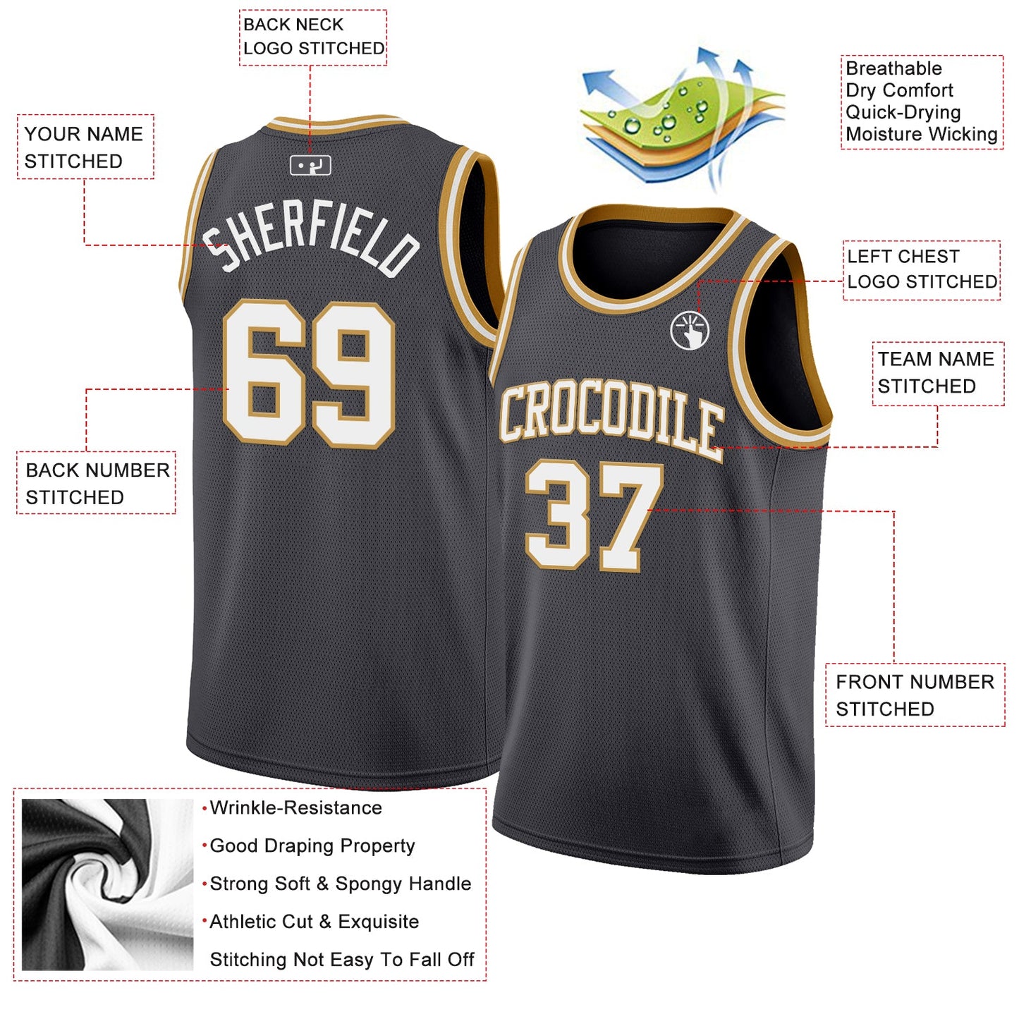 Custom Steel Gray White-Old Gold Authentic Basketball Jersey view 2