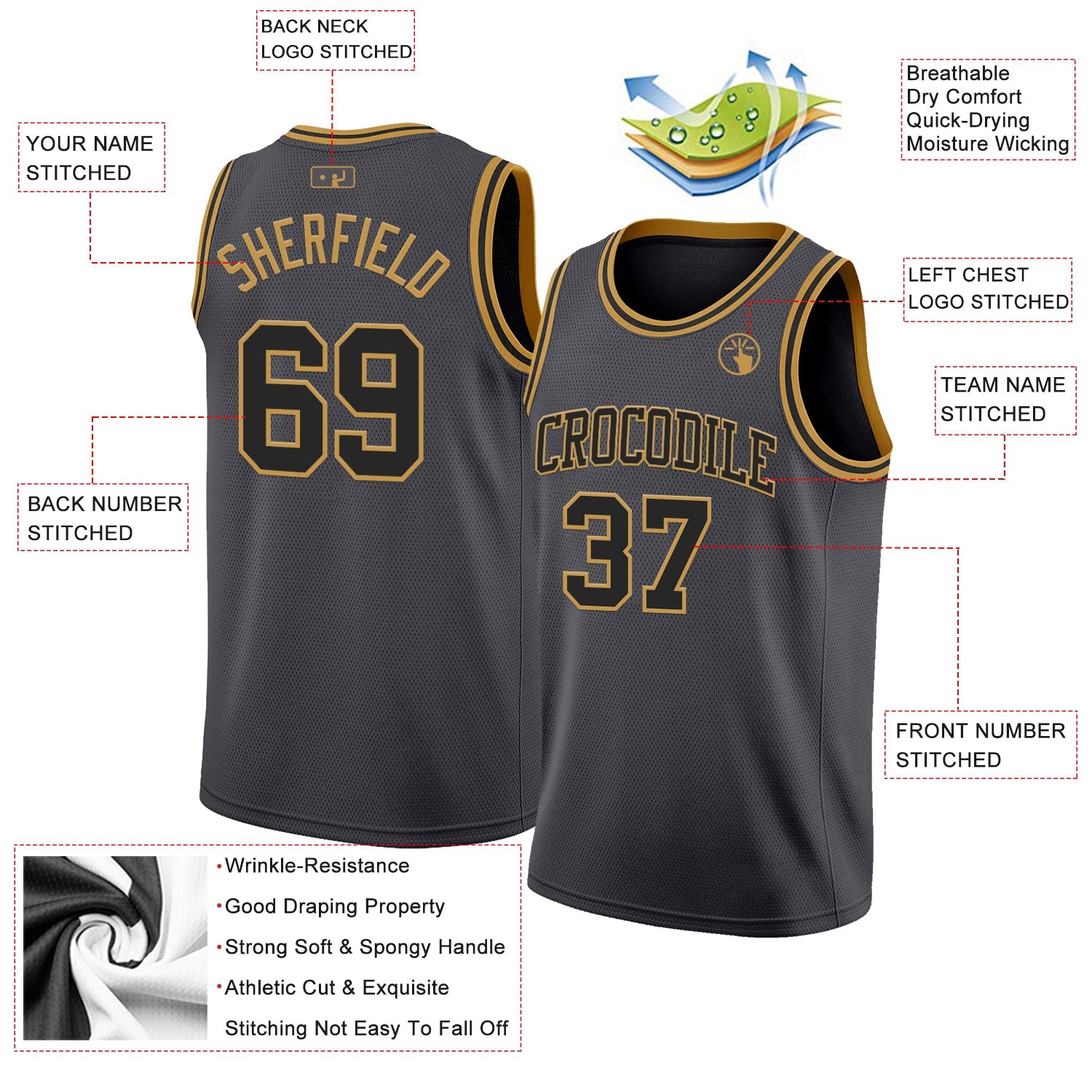 Custom Steel Gray Black-Old Gold Authentic Basketball Jersey view 2